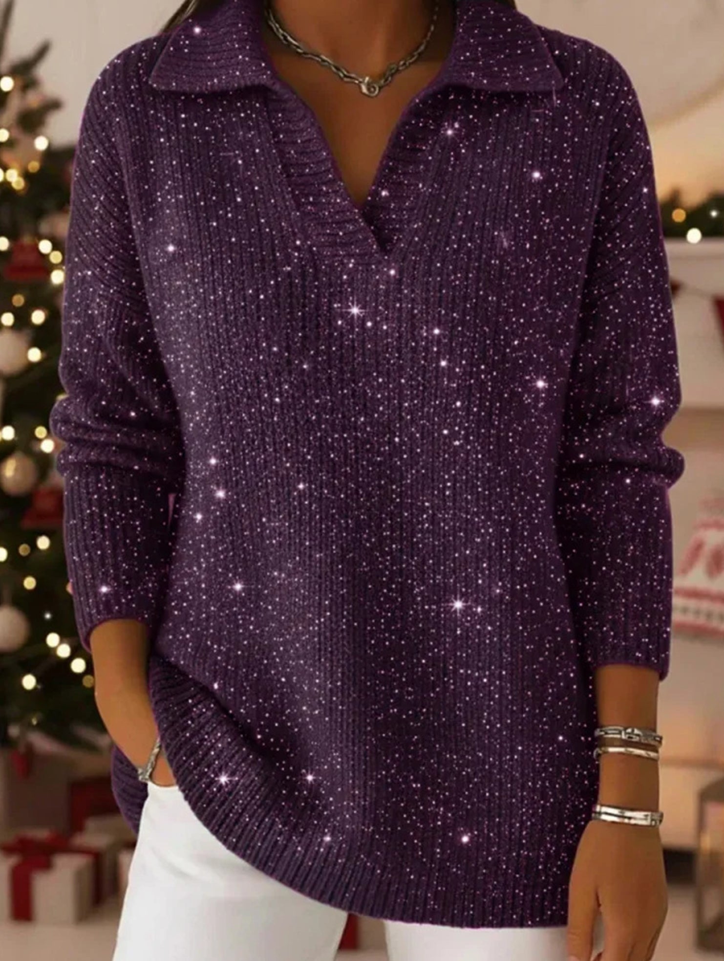 Solid color long-sleeved top with sparkly sweater_CWTTL01118