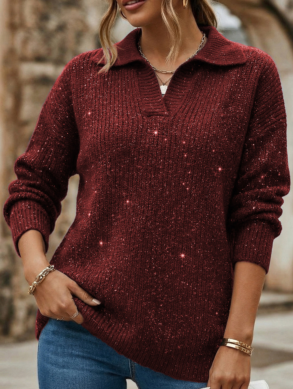 Solid color long-sleeved top with sparkly sweater_CWTTL01118