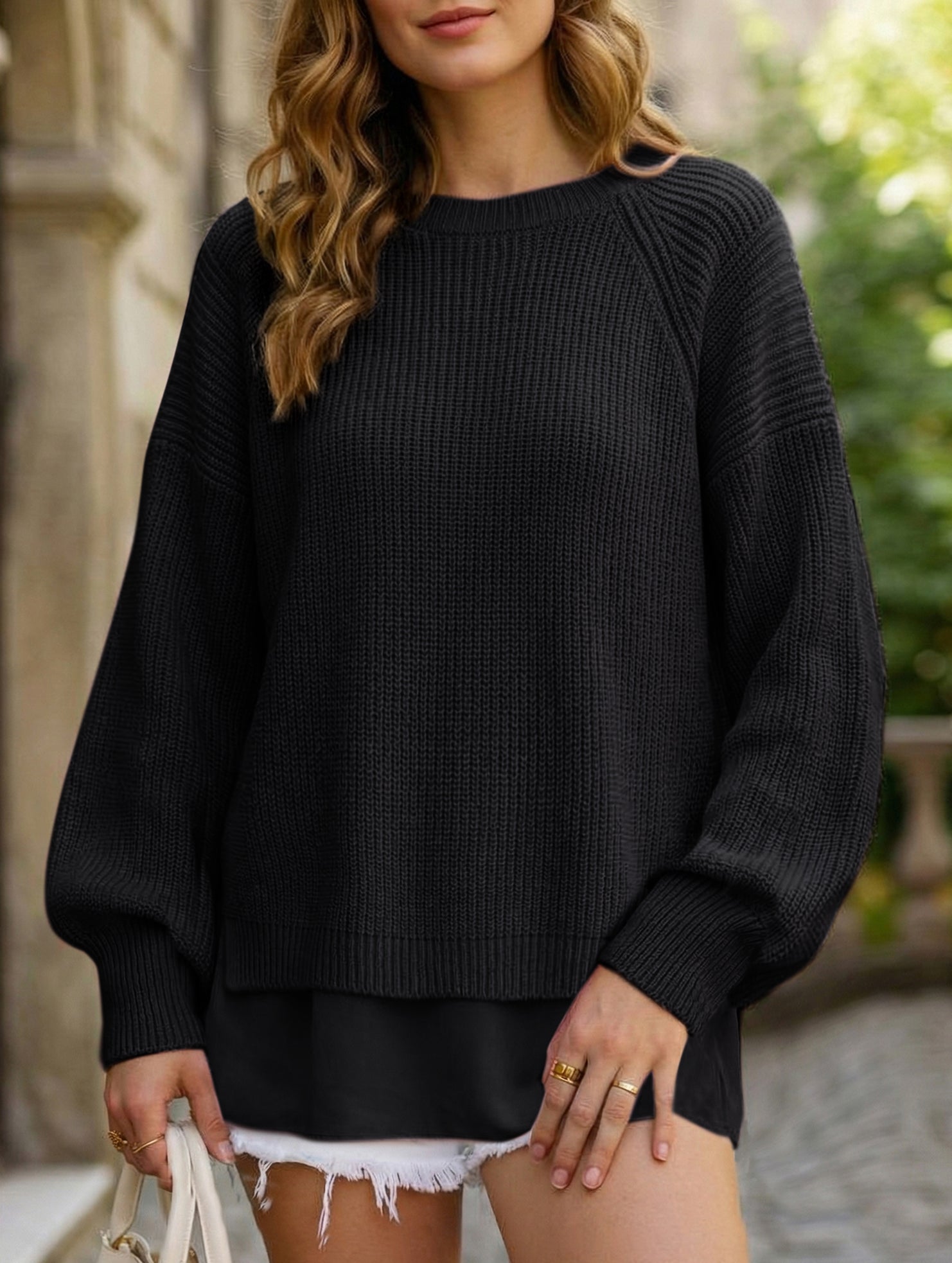Solid color chiffon patchwork hem lantern sleeve top_CWTTL01119