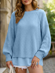 Solid color chiffon patchwork hem lantern sleeve top_CWTTL01119