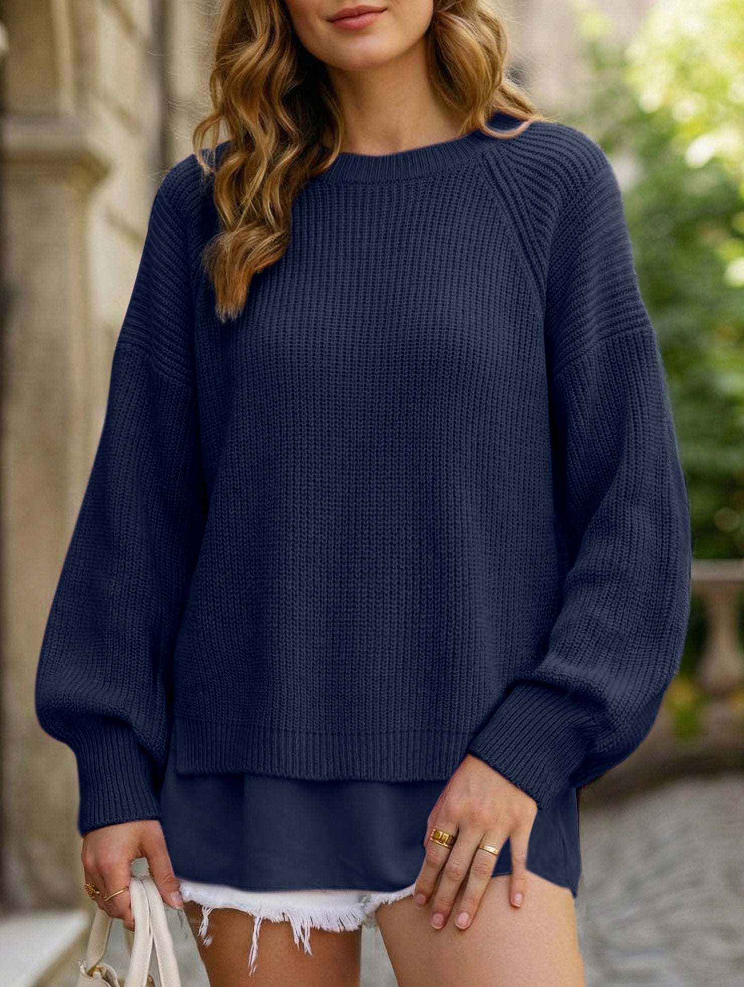Solid color chiffon patchwork hem lantern sleeve top_CWTTL01119