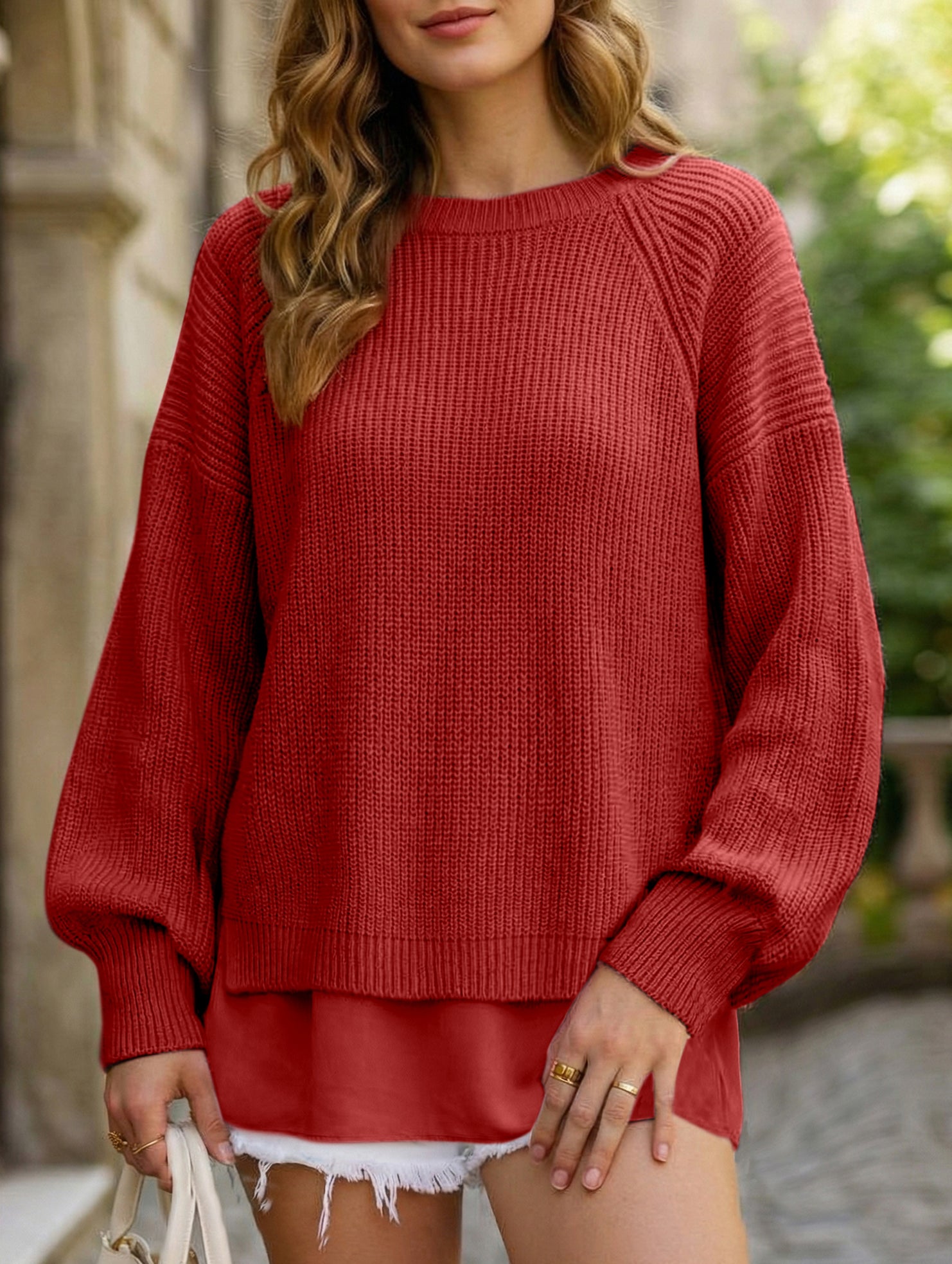 Solid color chiffon patchwork hem lantern sleeve top_CWTTL01119