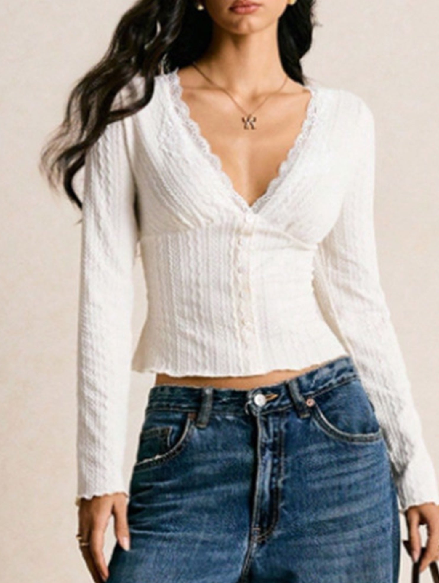 Lace V Neck Long Sleeve Slim T Shirt_CWTTL01122