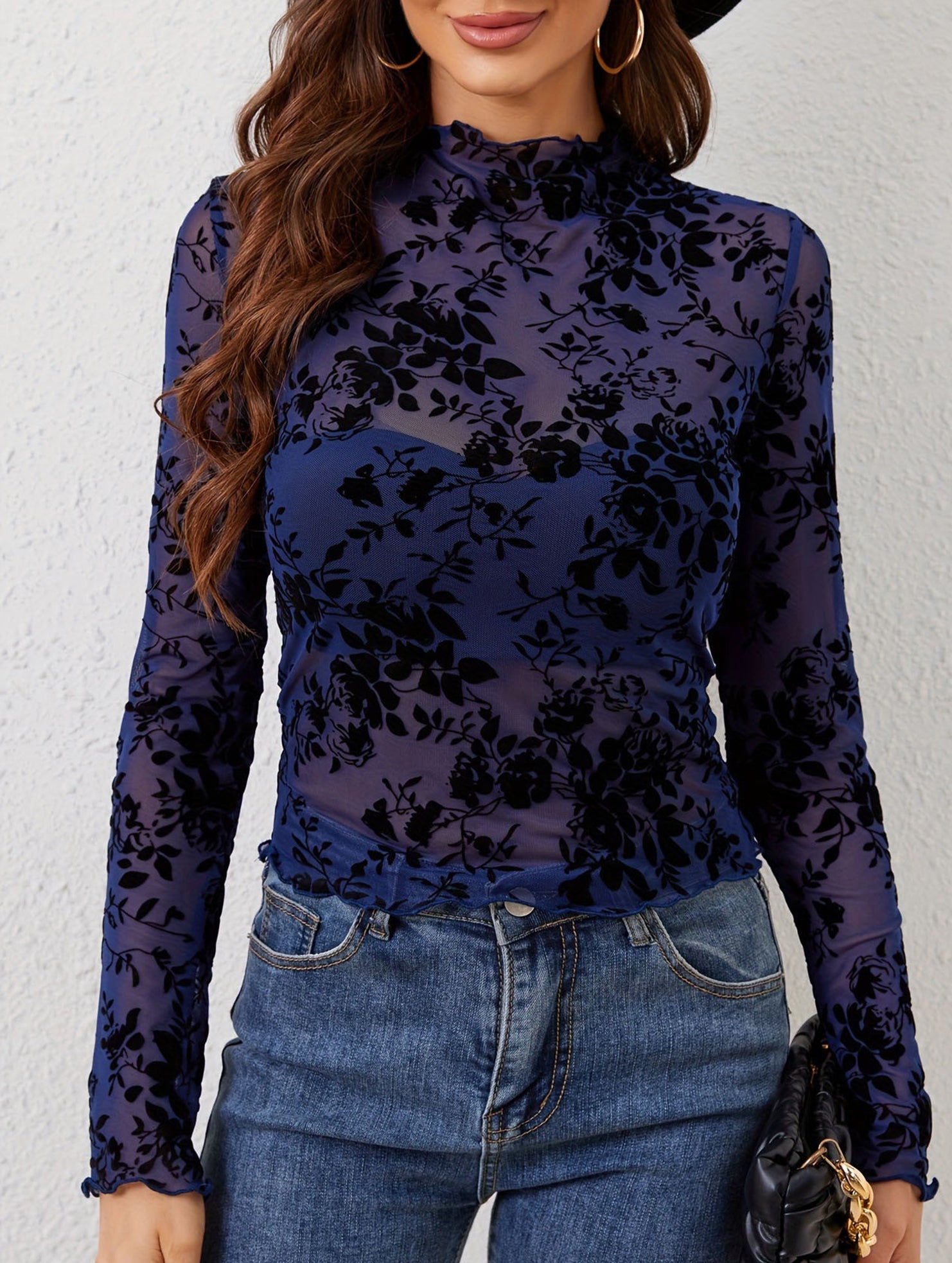 Printed Sheer Lace Long Sleeve Slim T Shirt_CWTTL01143
