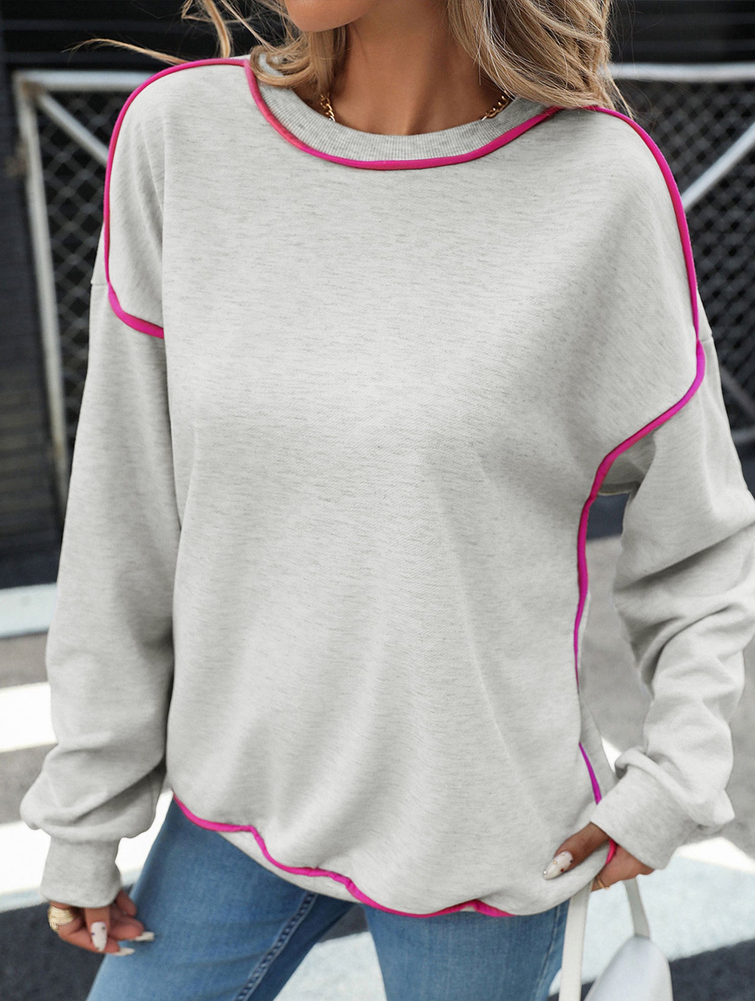 Solid V Neck Mid Sleeve T Shirt with Hem Design_CWTTL01147