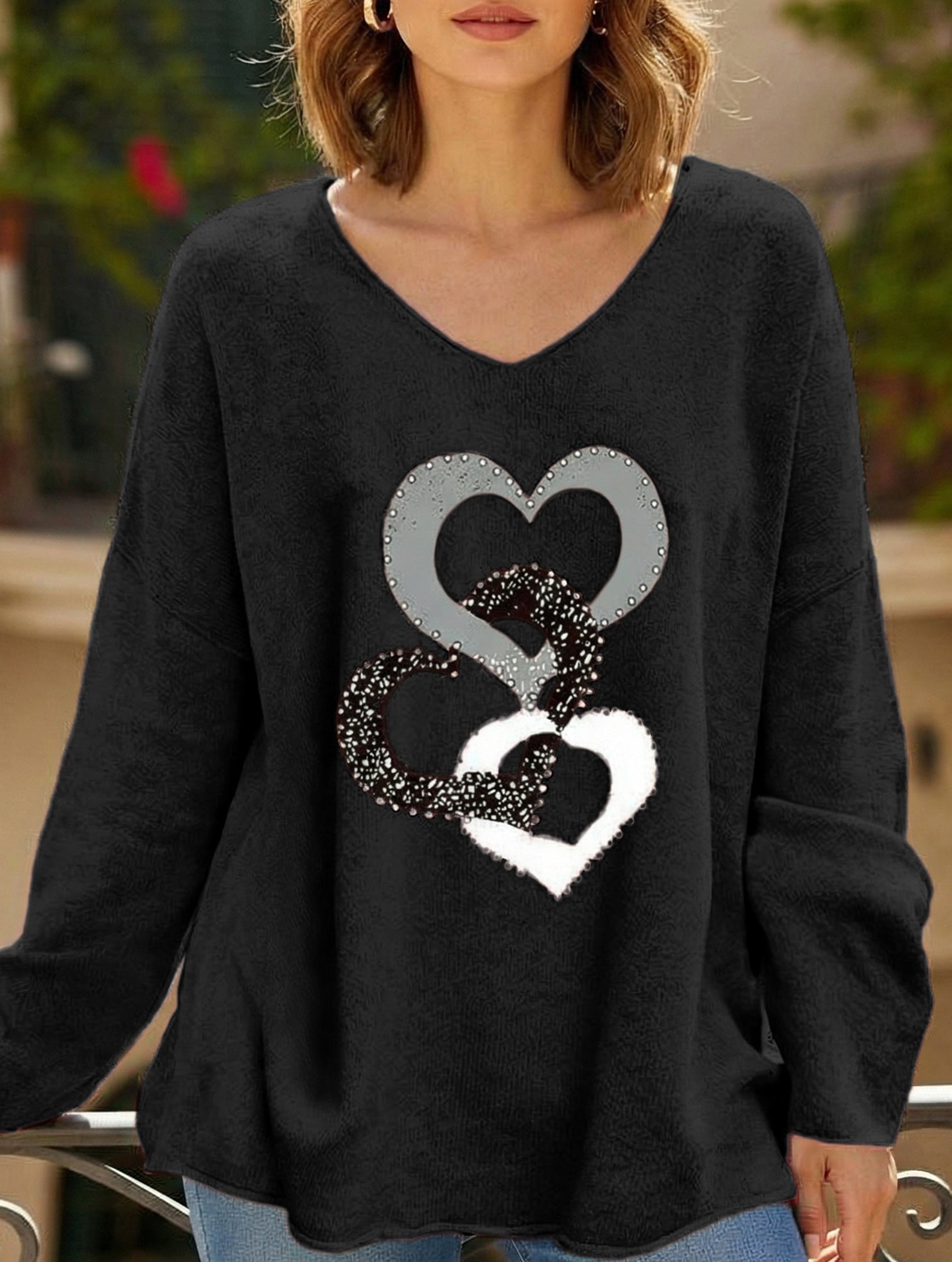 Solid V Neck Long Sleeve Loose T Shirt_CWTTL01151