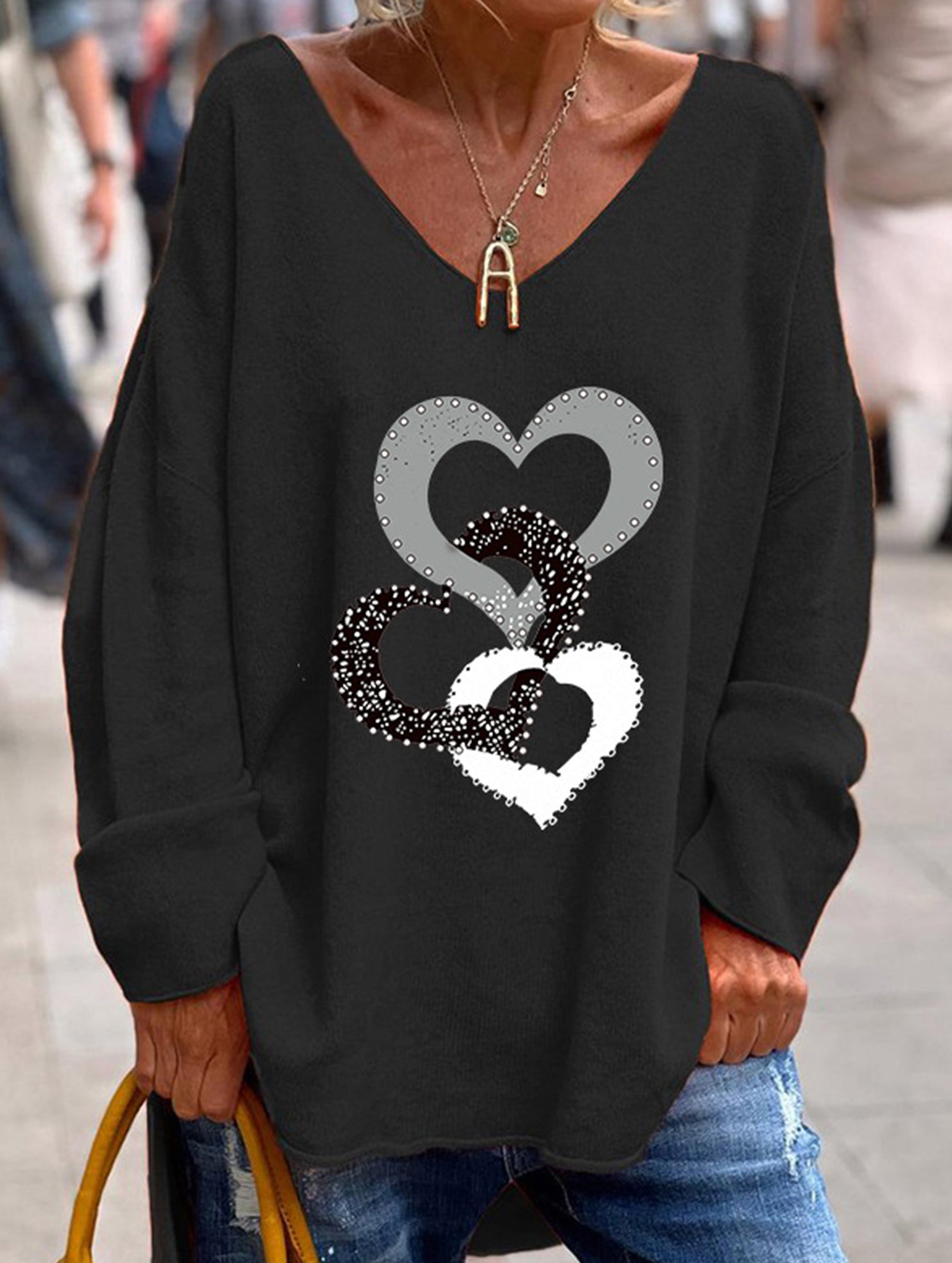 Solid V Neck Long Sleeve Loose T Shirt_CWTTL01151