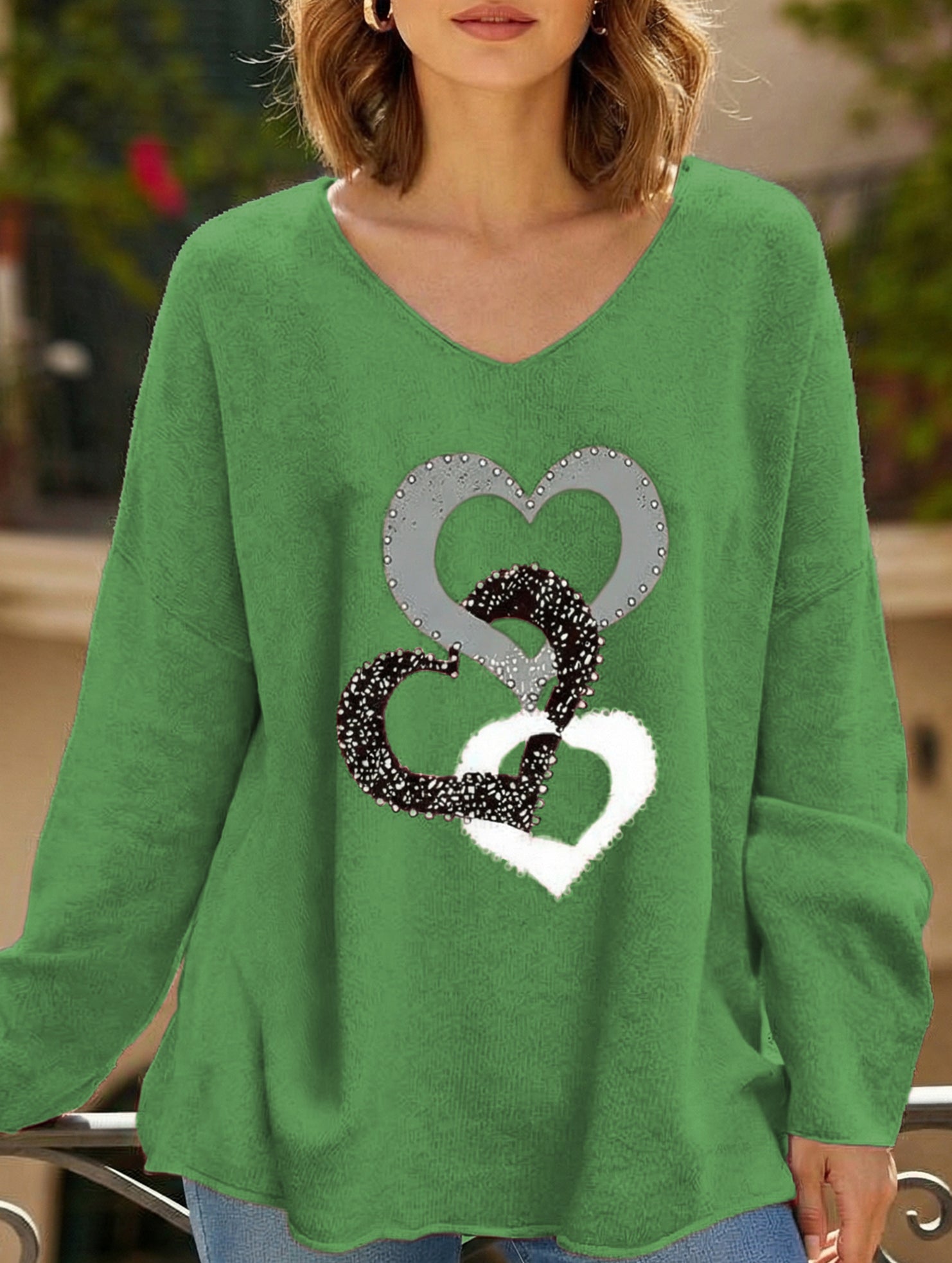 Solid V Neck Long Sleeve Loose T Shirt_CWTTL01151