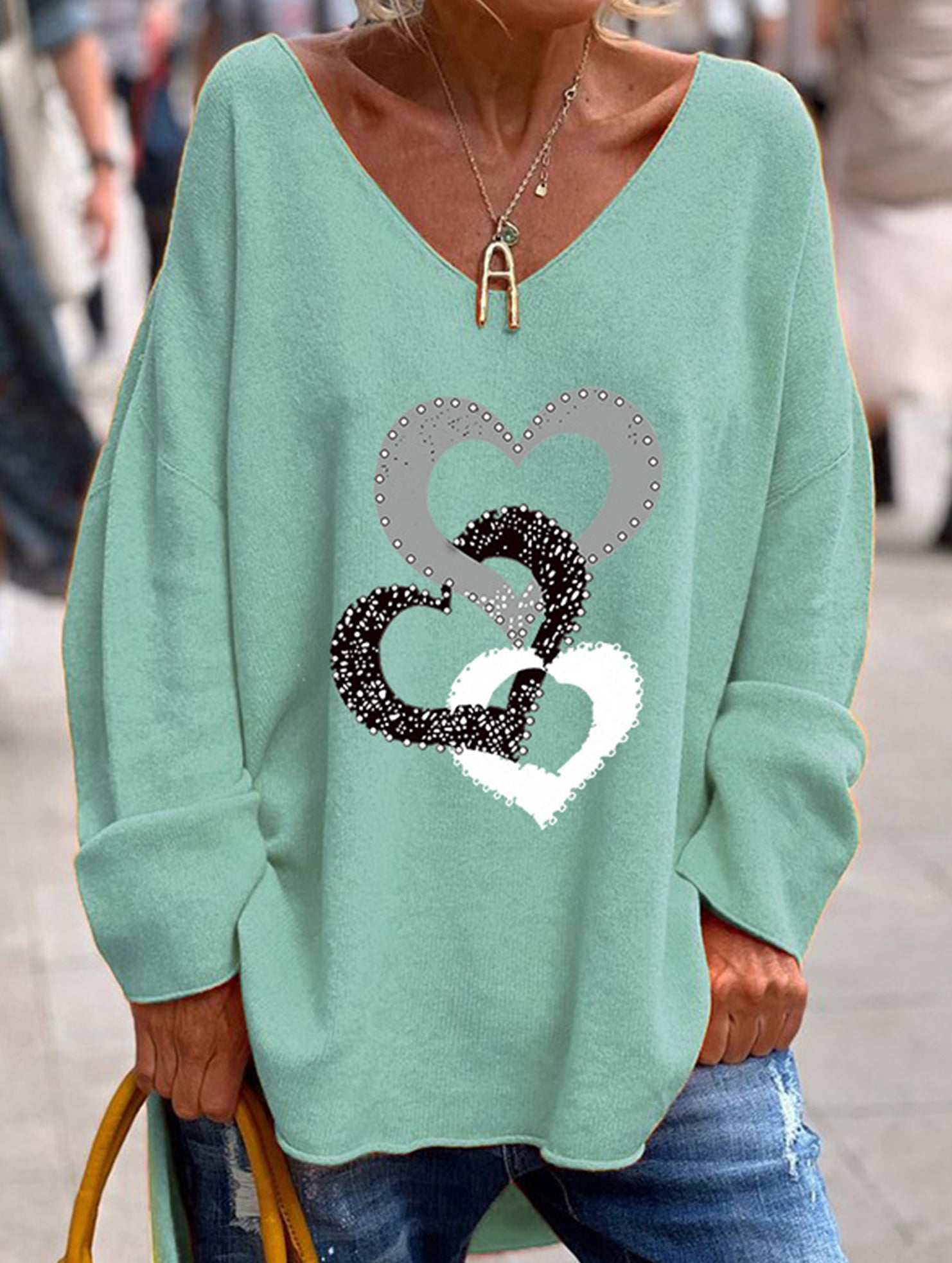 Solid V Neck Long Sleeve Loose T Shirt_CWTTL01151