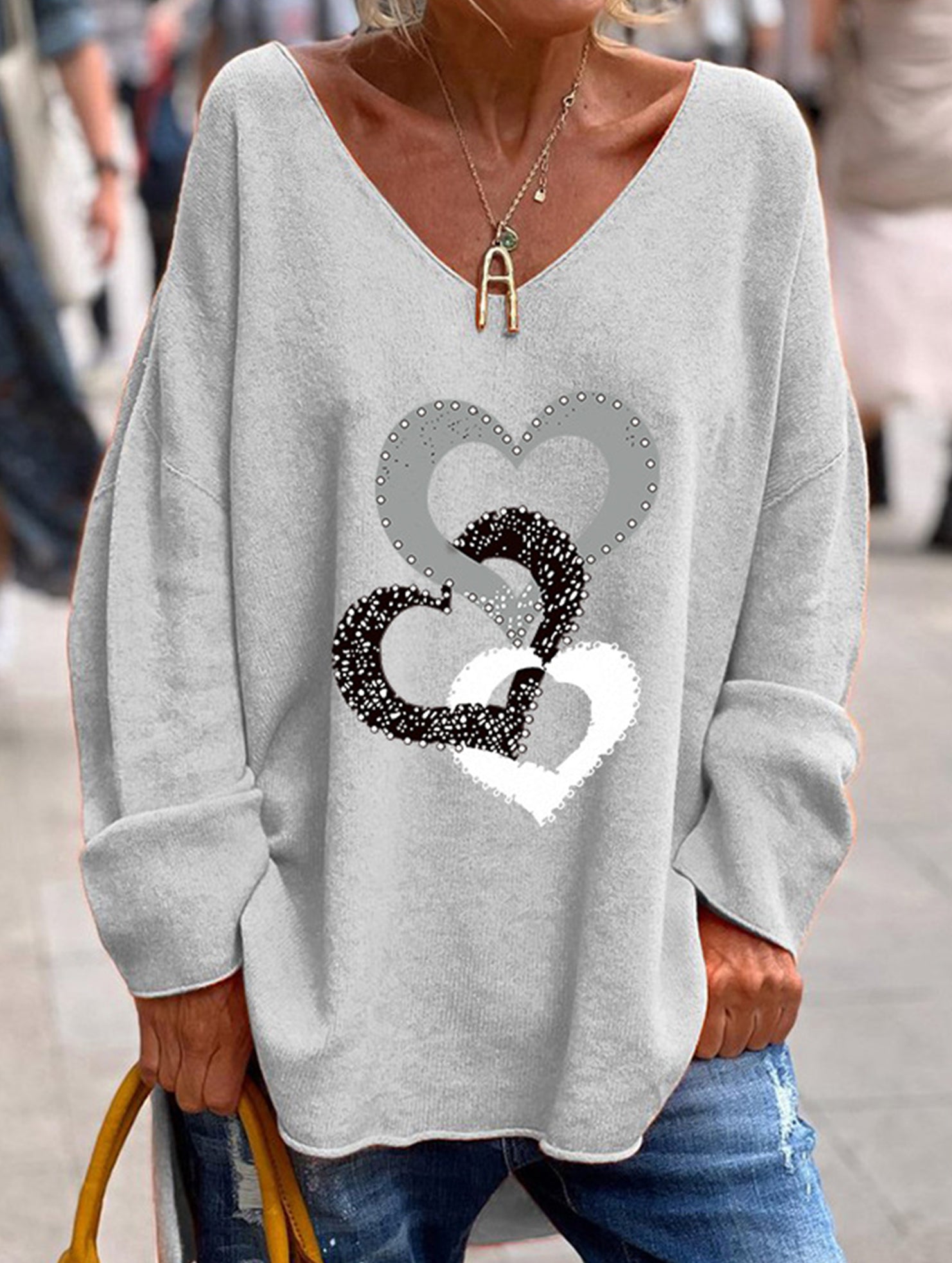 Solid V Neck Long Sleeve Loose T Shirt_CWTTL01151