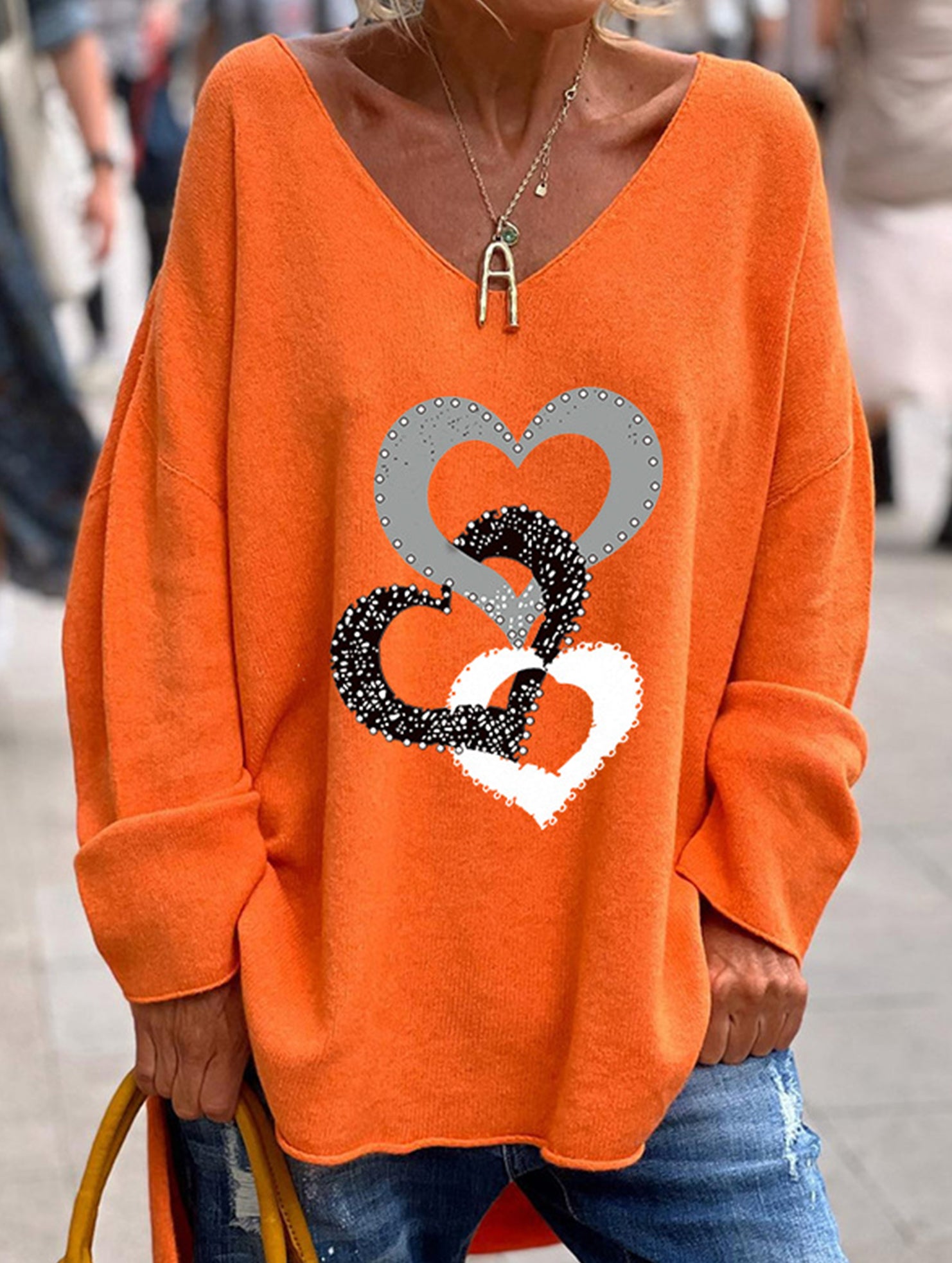 Solid V Neck Long Sleeve Loose T Shirt_CWTTL01151