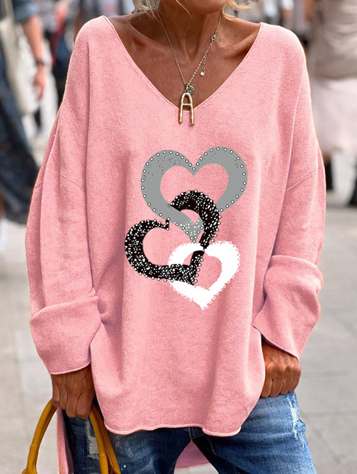 Solid V Neck Long Sleeve Loose T Shirt_CWTTL01151