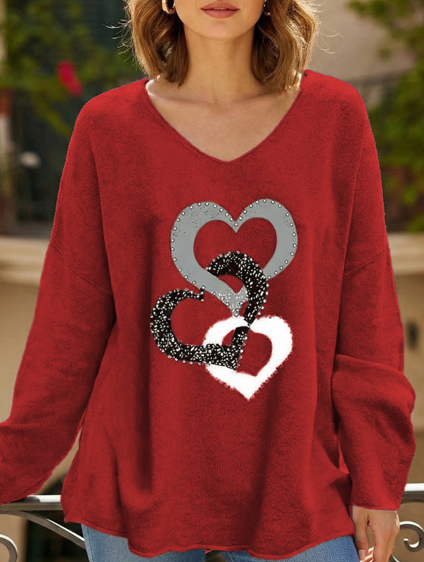 Solid V Neck Long Sleeve Loose T Shirt_CWTTL01151