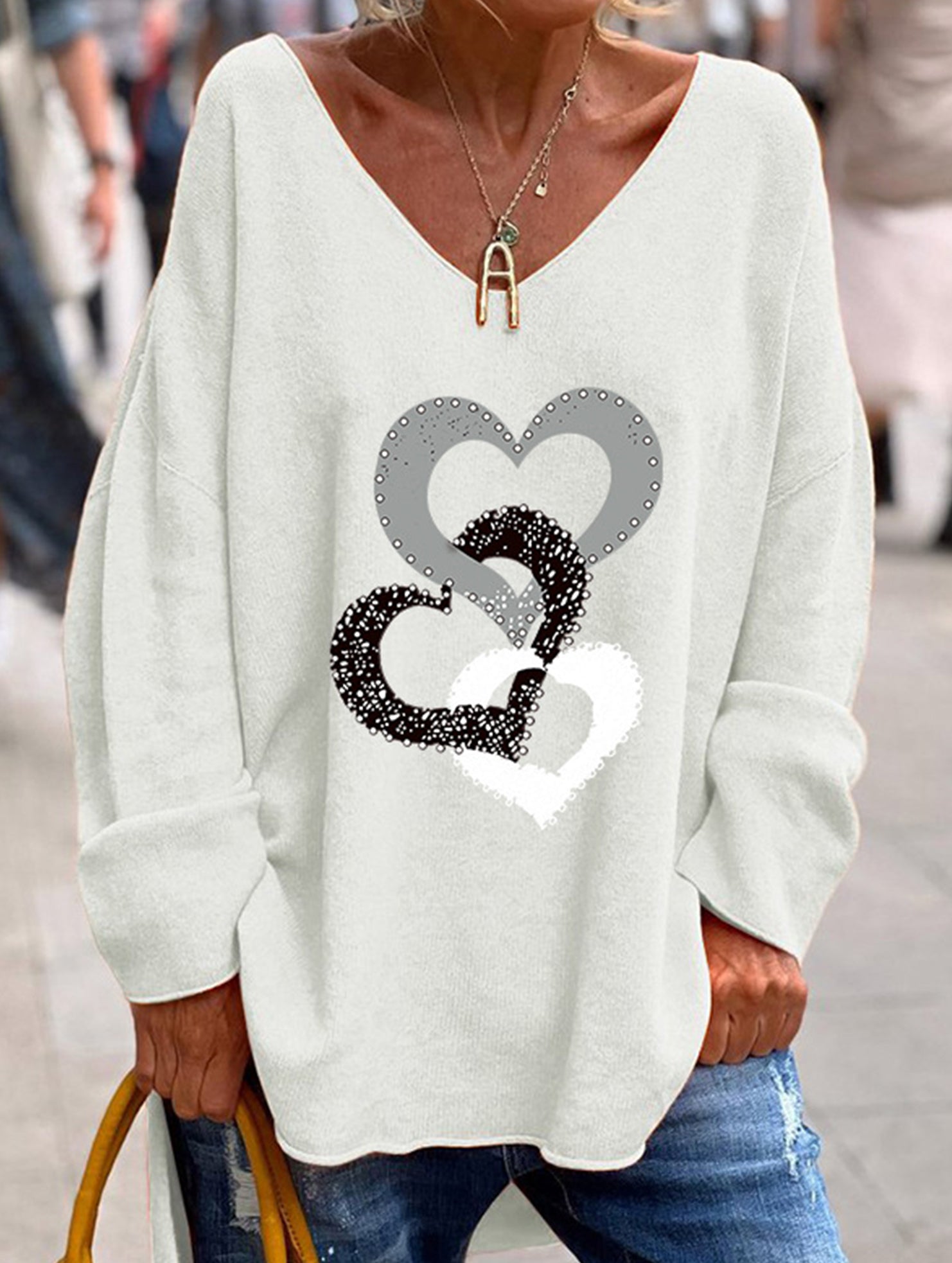 Solid V Neck Long Sleeve Loose T Shirt_CWTTL01151
