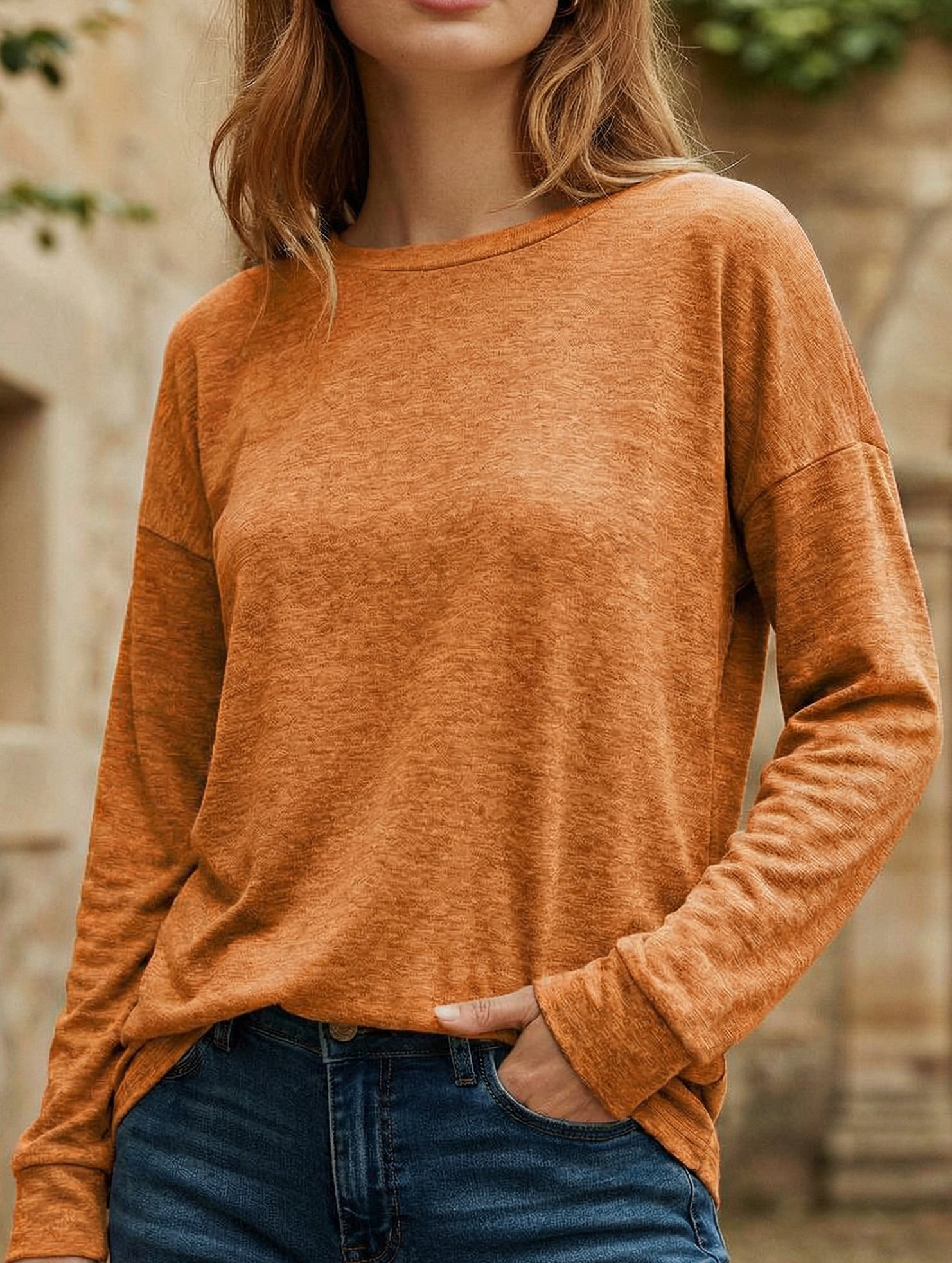 Solid Crew Neck Loose Long Sleeve T Shirt_CWTTL01153