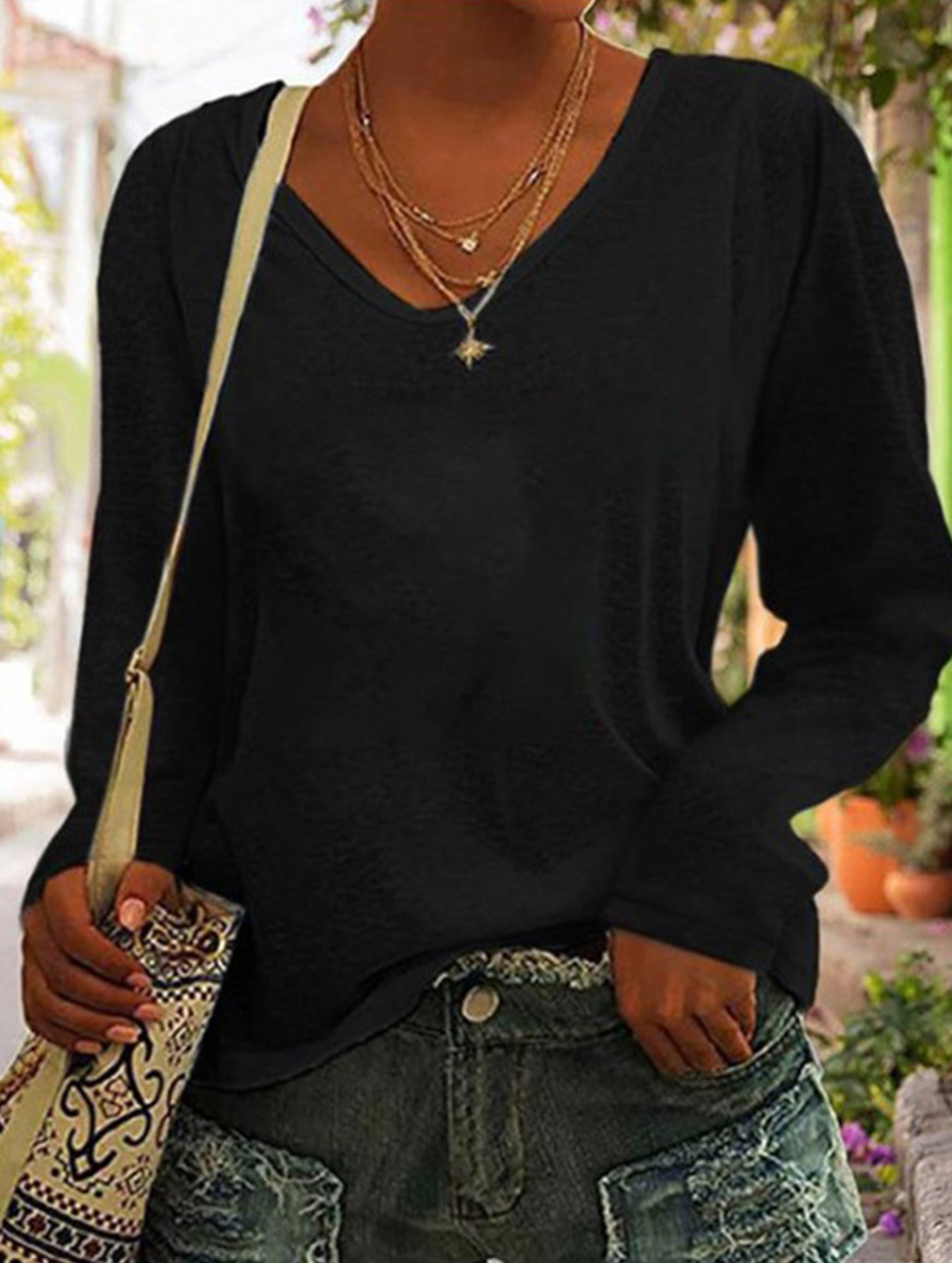 Solid V Neck Loose Long Sleeve T Shirt