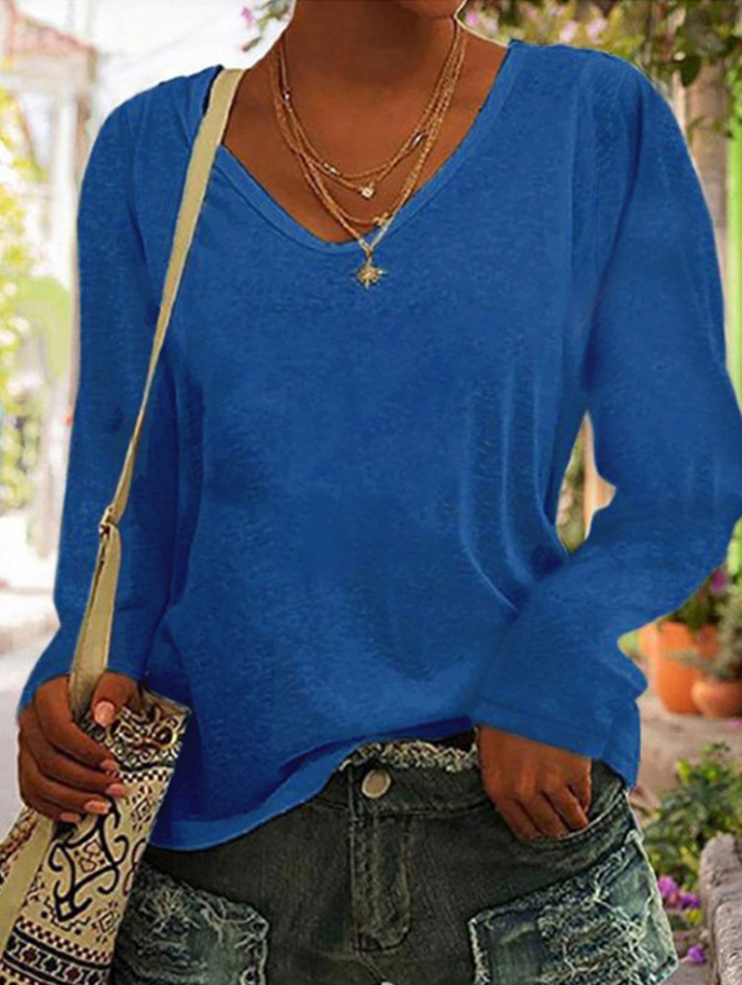 Solid V Neck Loose Long Sleeve T Shirt