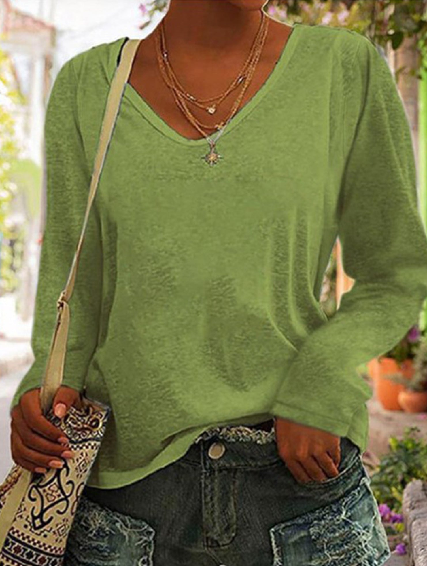 Solid V Neck Loose Long Sleeve T Shirt