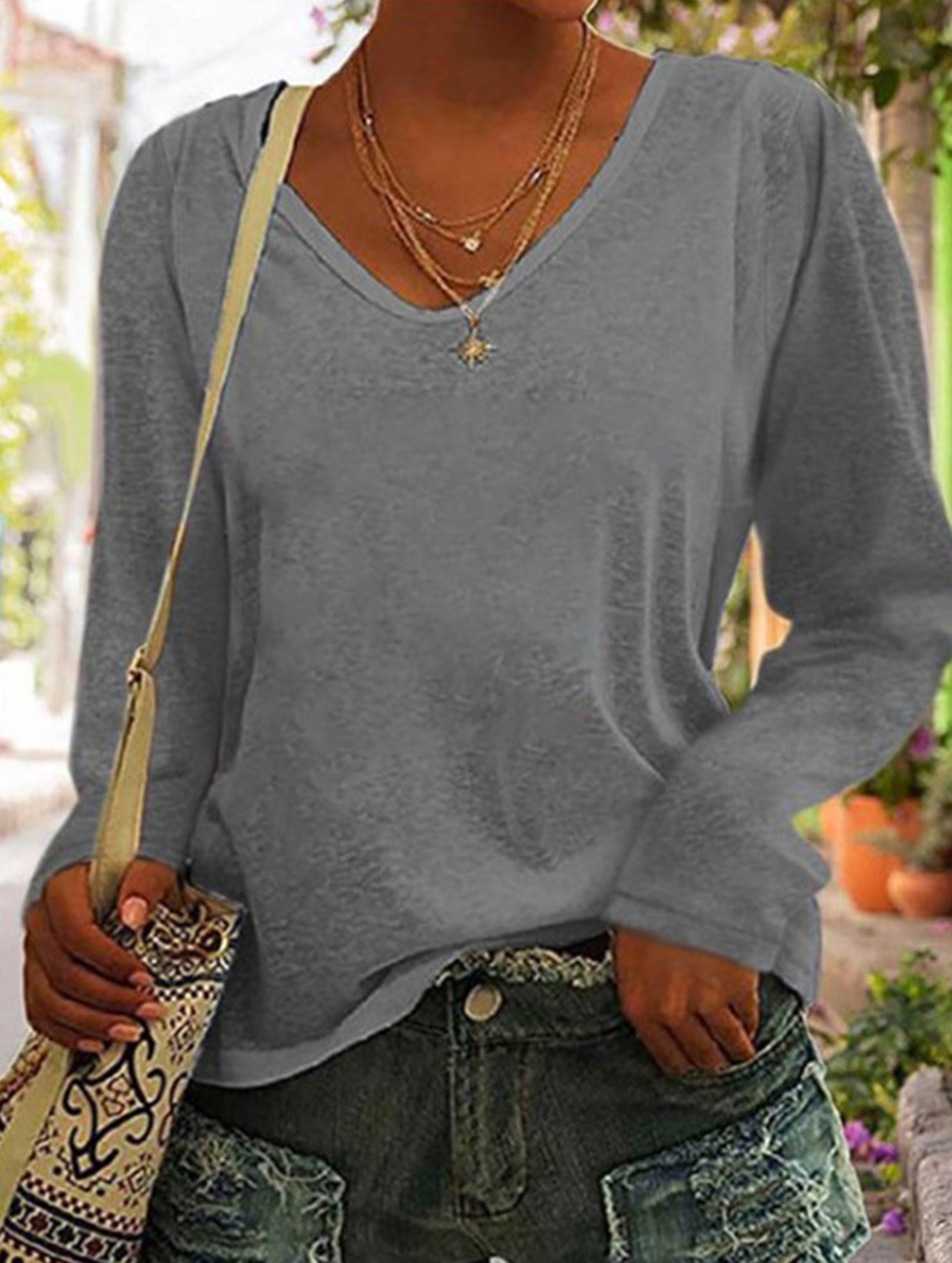 Solid V Neck Loose Long Sleeve T Shirt
