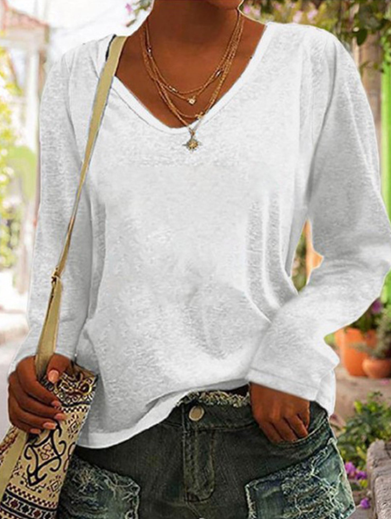 Solid V Neck Loose Long Sleeve T Shirt