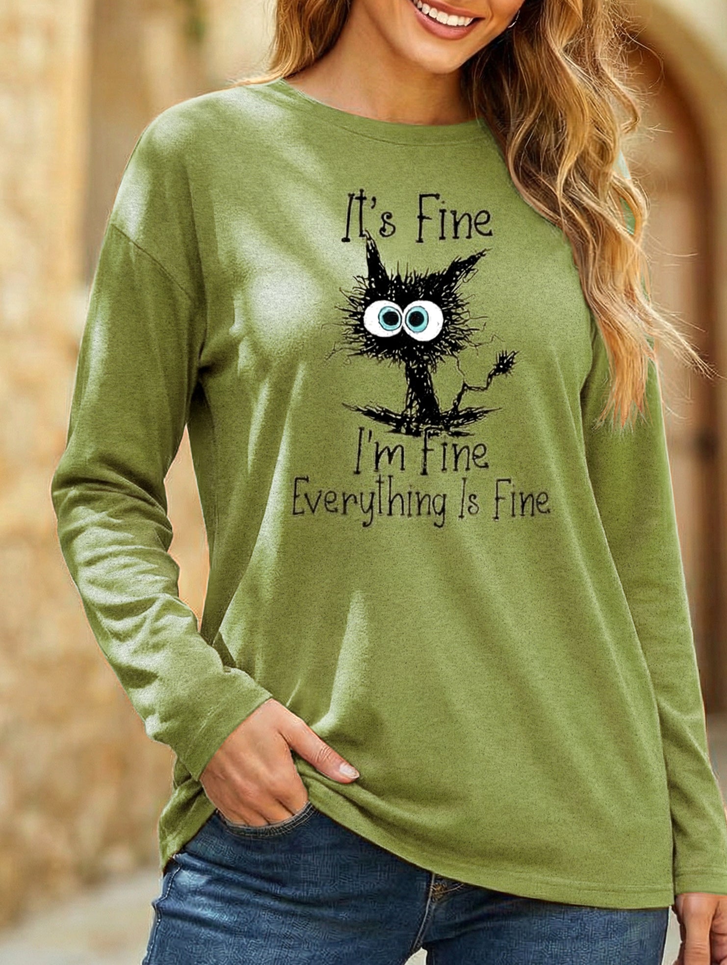 Loose Crew Neck Printed Long Sleeve T Shirt