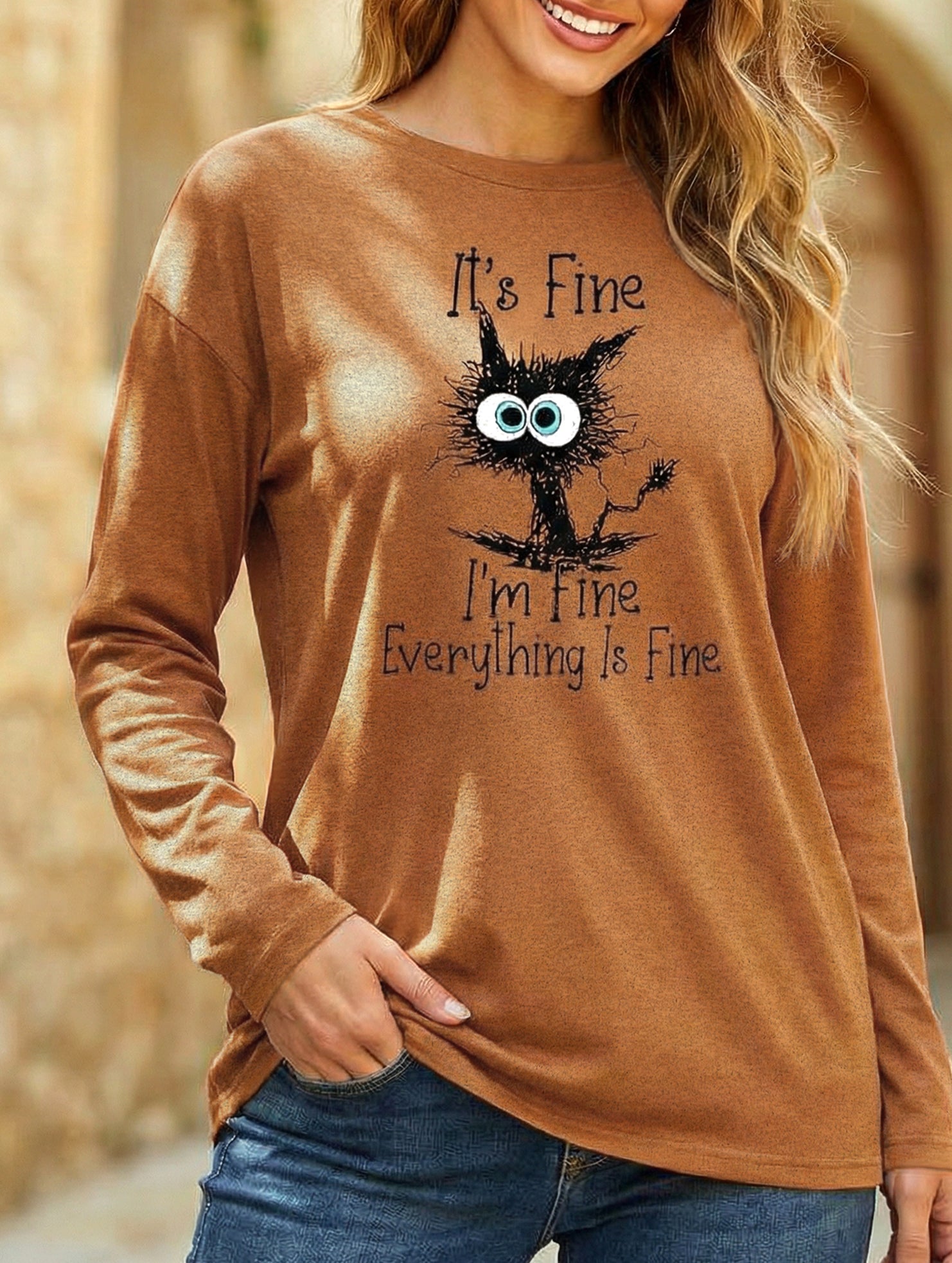 Loose Crew Neck Printed Long Sleeve T Shirt