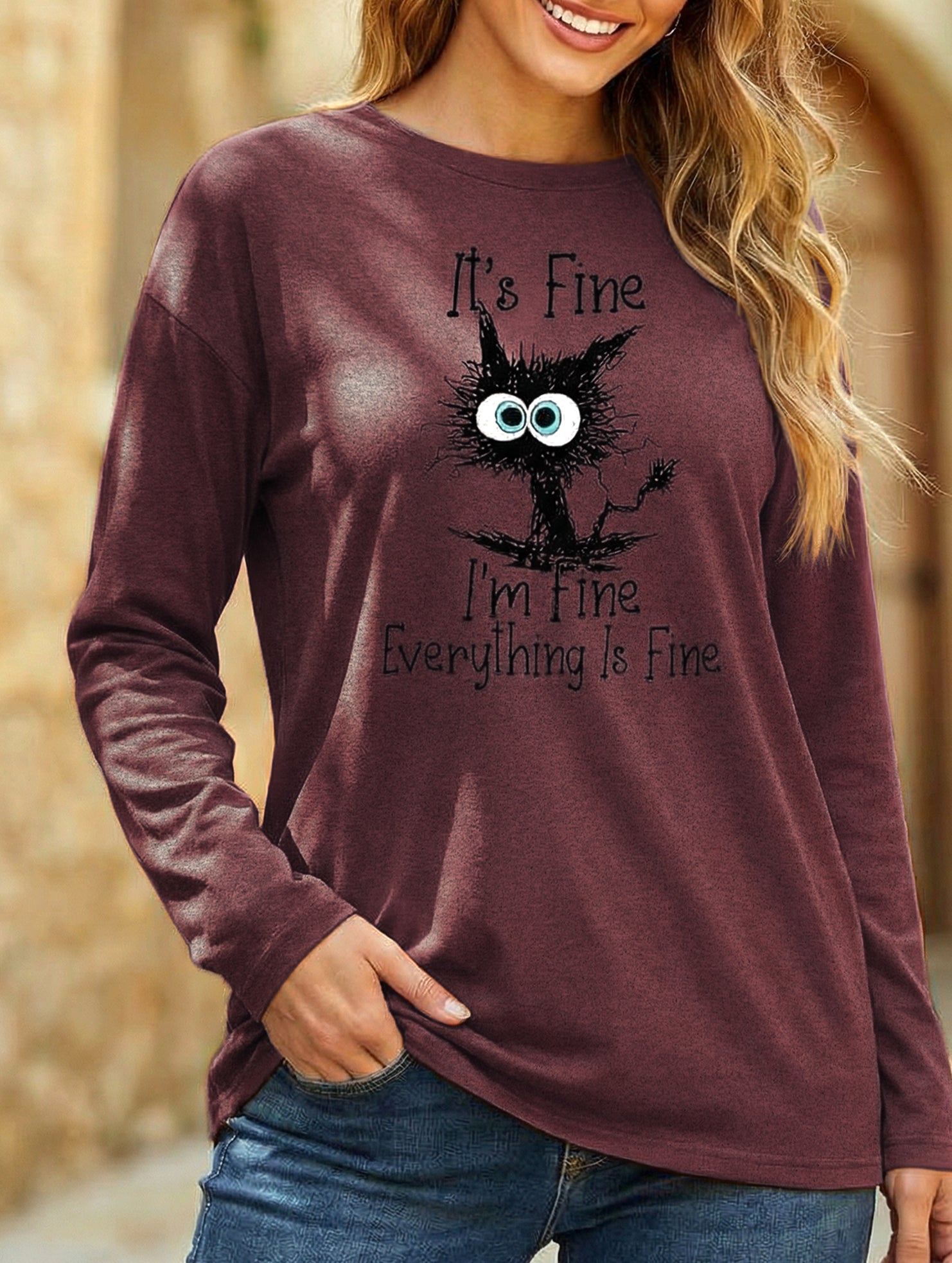Loose Crew Neck Printed Long Sleeve T Shirt