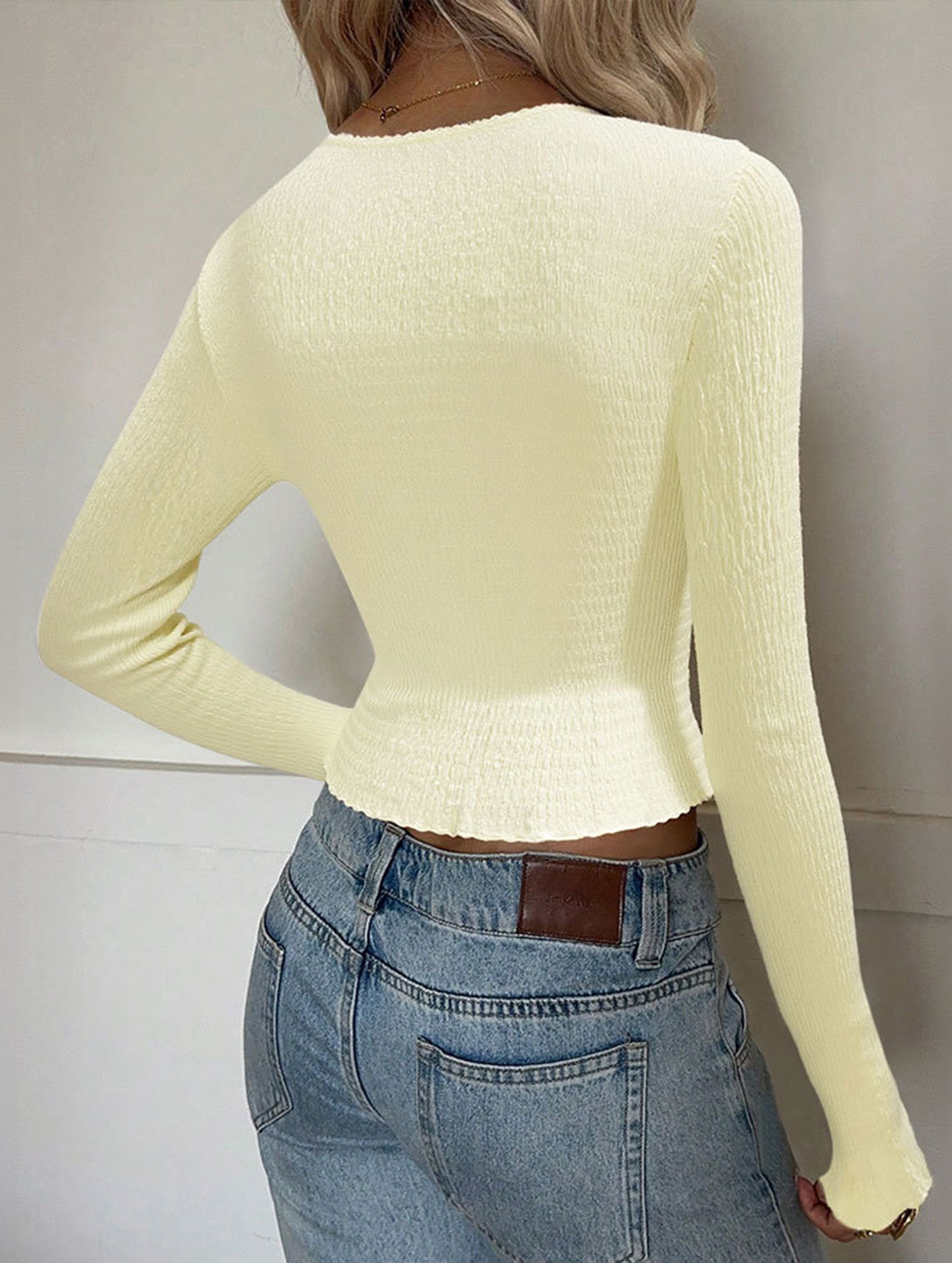 Square Neck Bow Long Sleeve Peplum Top