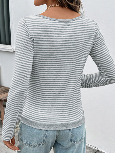 V Neck Stripe Long Sleeve Casual Top