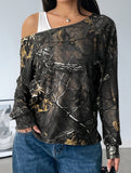 Asymmetric Neck Printed Long Sleeve Top