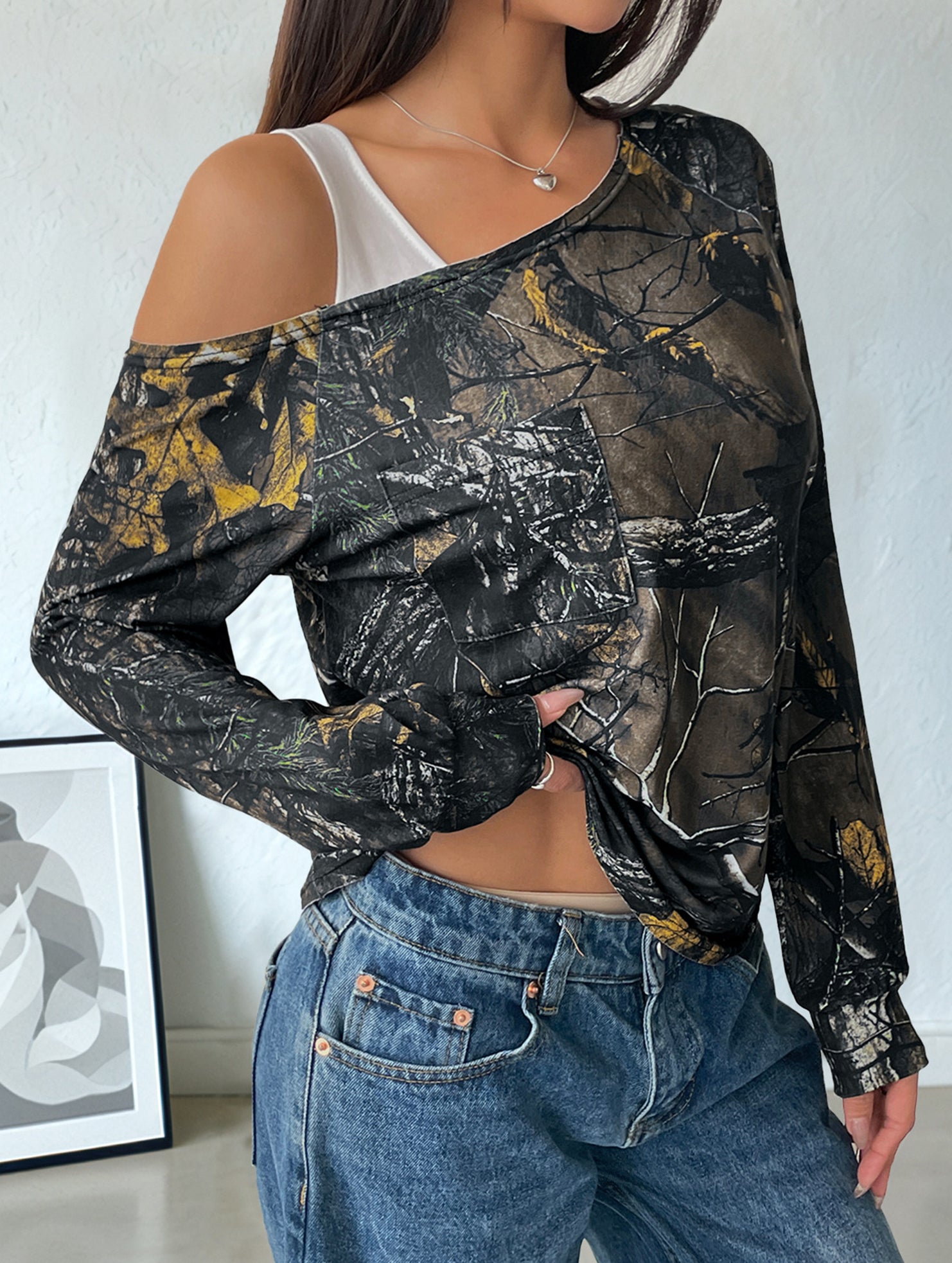 Asymmetric Neck Printed Long Sleeve Top