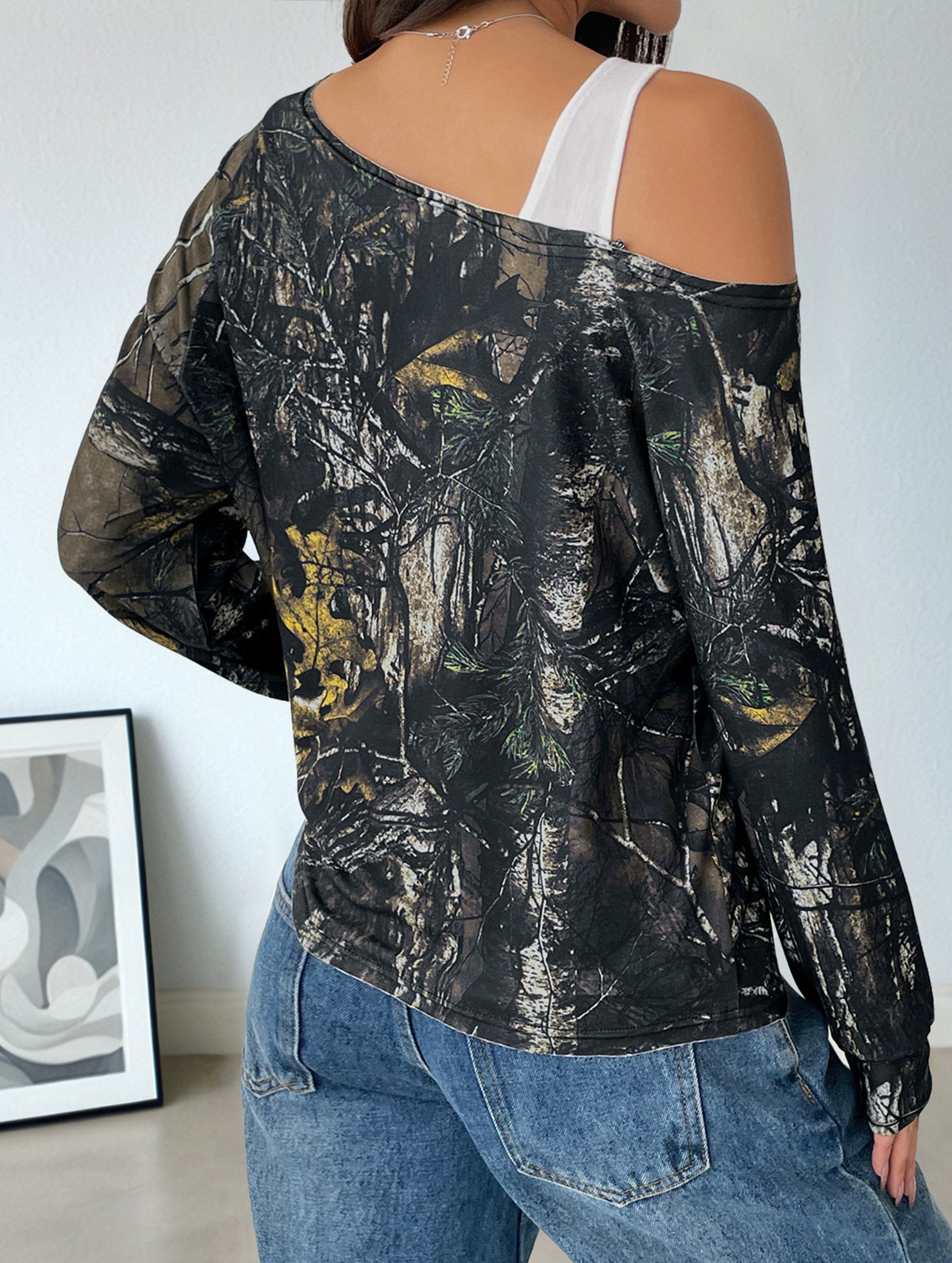 Asymmetric Neck Printed Long Sleeve Top