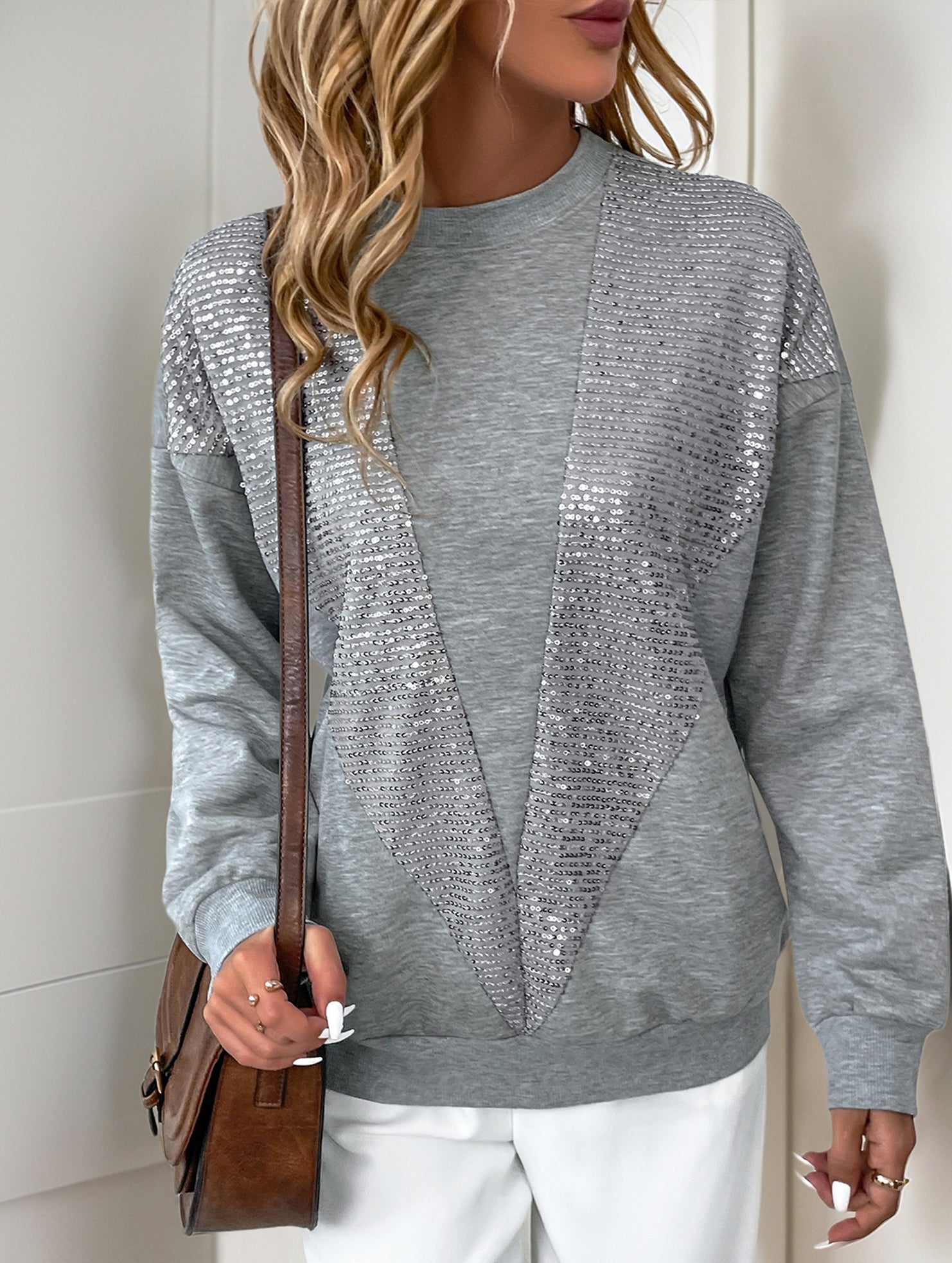 Grey Sequin Patchwork Casual Sweatshirt