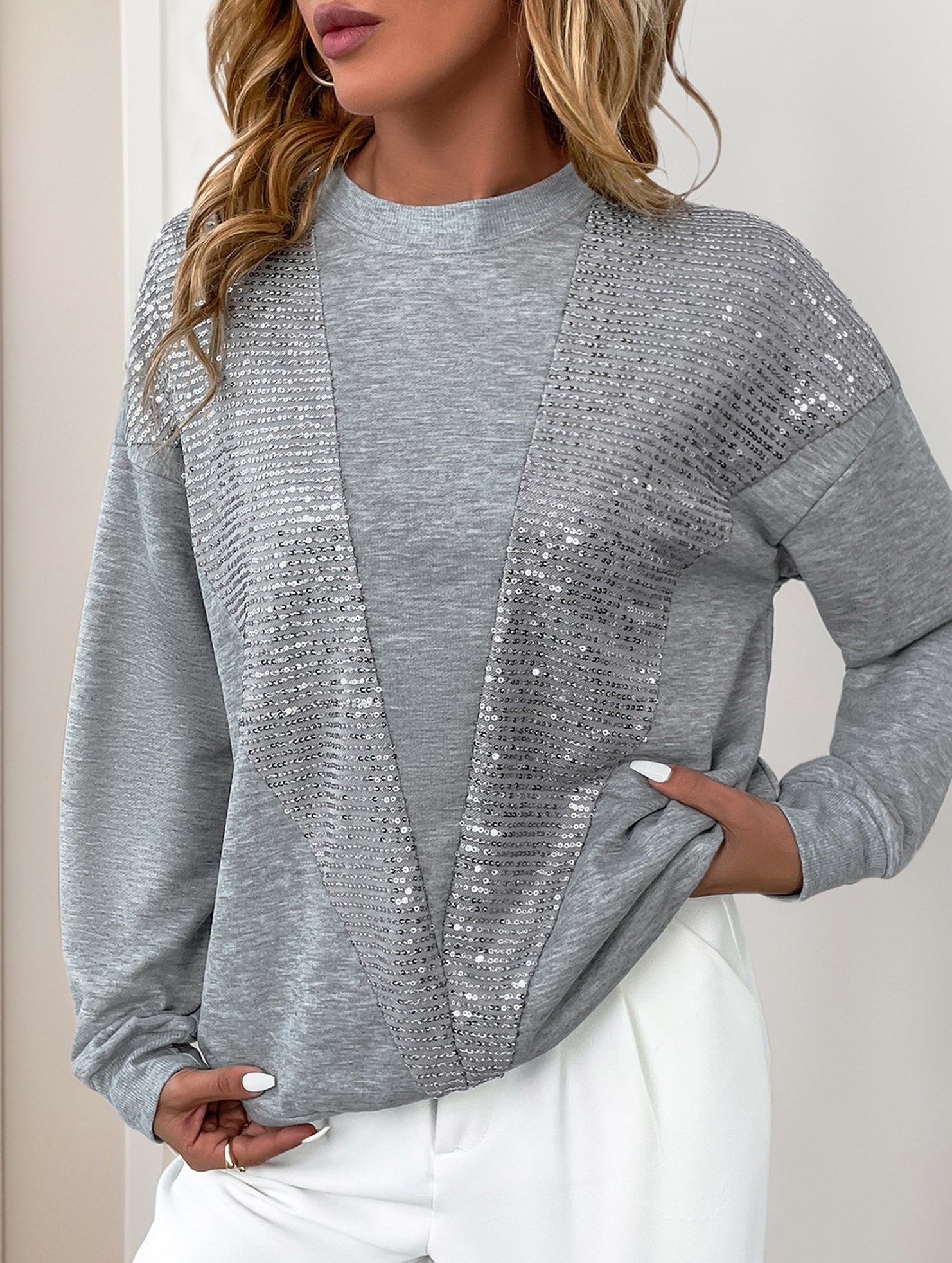 Grey Sequin Patchwork Casual Sweatshirt