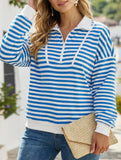 Striped Button Collar Casual Sweatshirt
