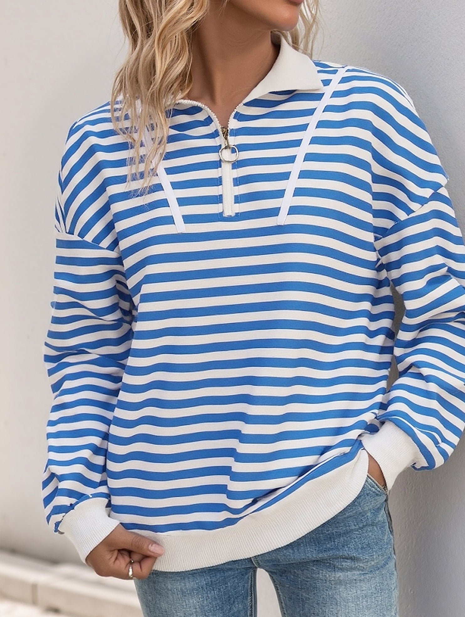 Striped Button Collar Casual Sweatshirt