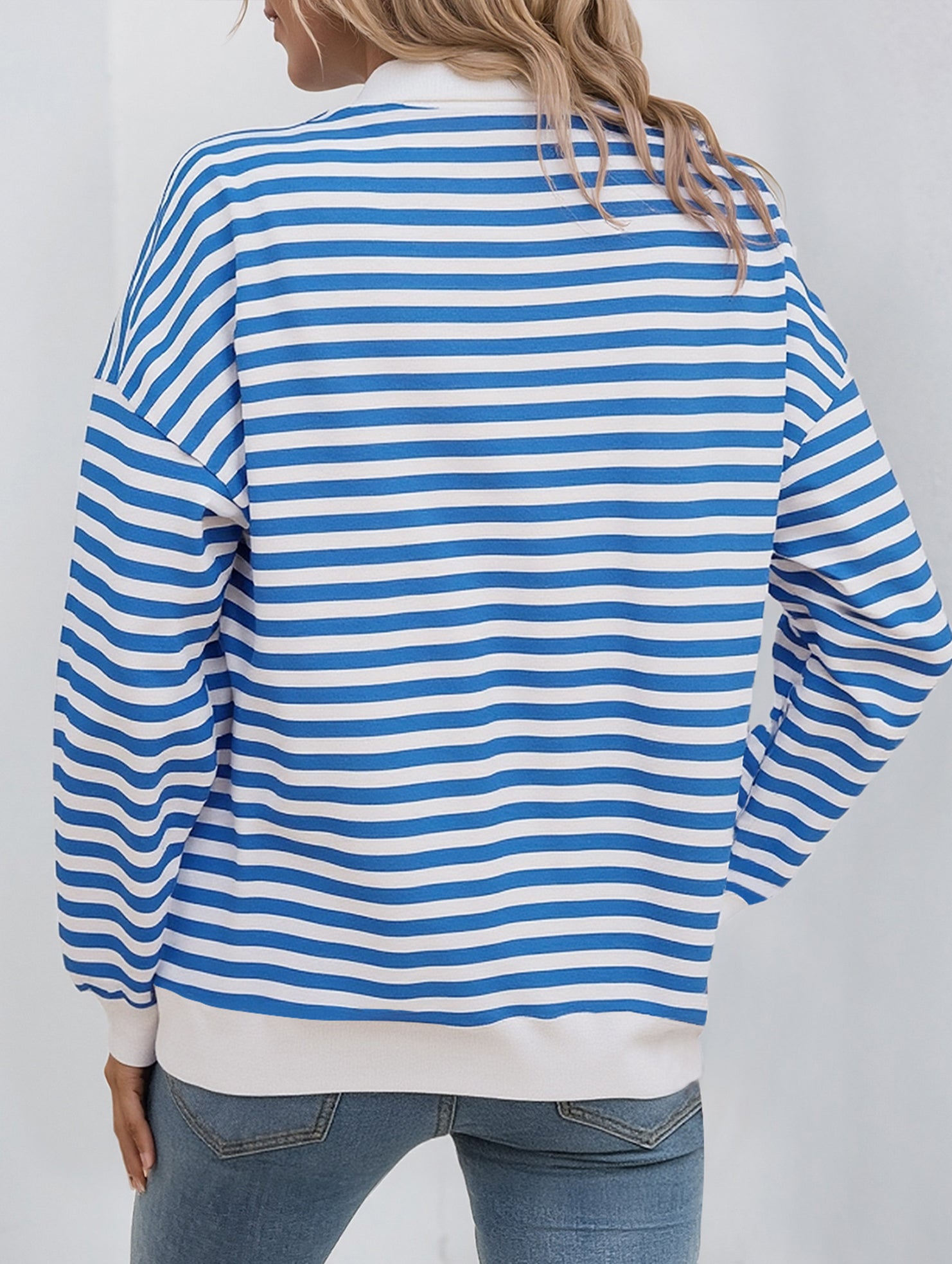 Striped Button Collar Casual Sweatshirt