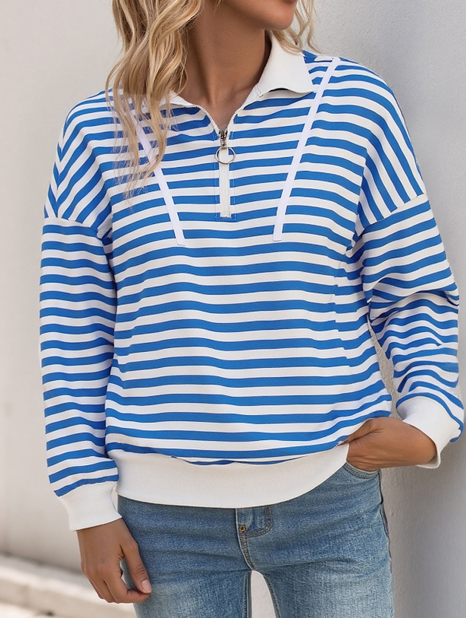 Striped Button Collar Casual Sweatshirt