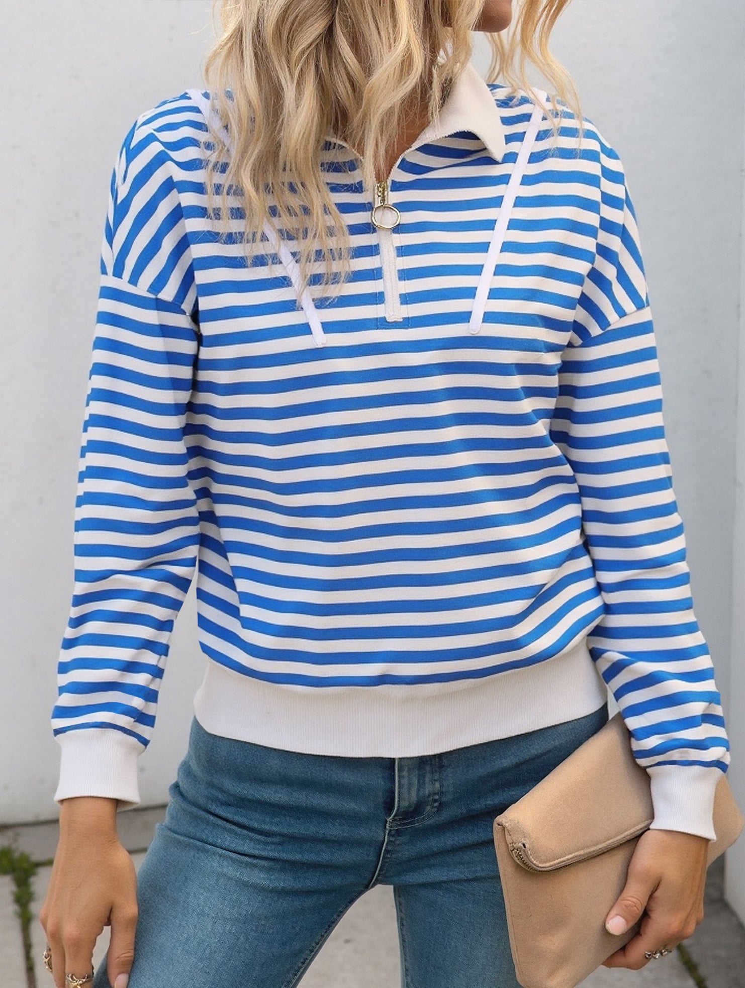 Striped Button Collar Casual Sweatshirt