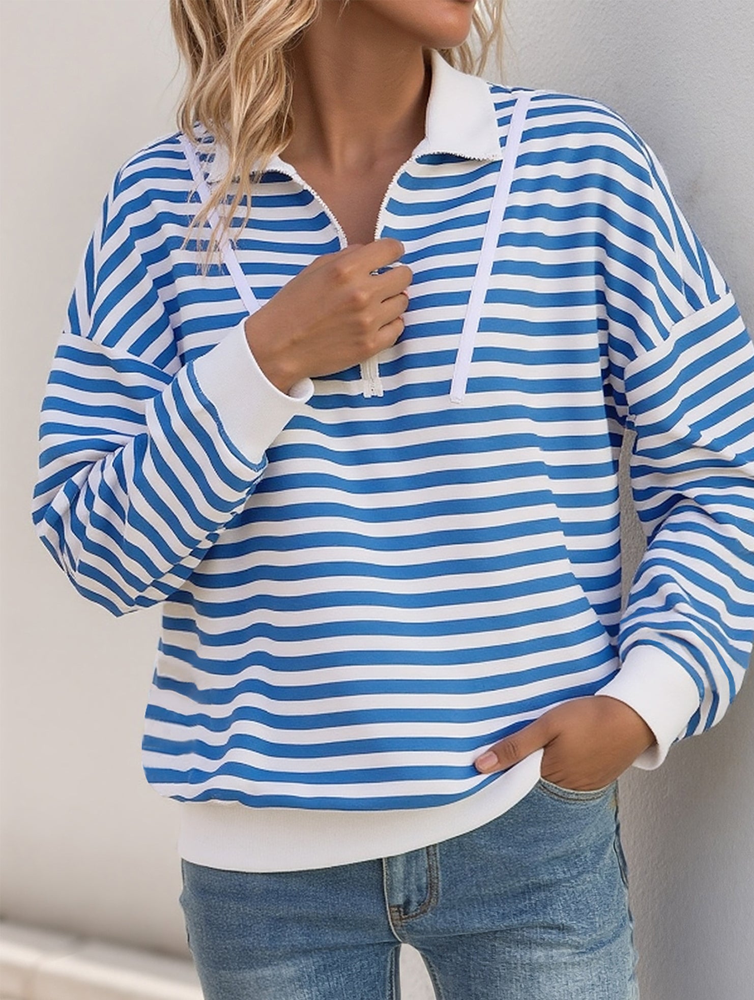 Striped Button Collar Casual Sweatshirt