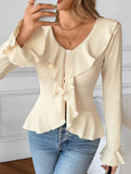 Flare Sleeve Ruffle Waist Solid Top