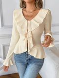 Flare Sleeve Ruffle Waist Solid Top