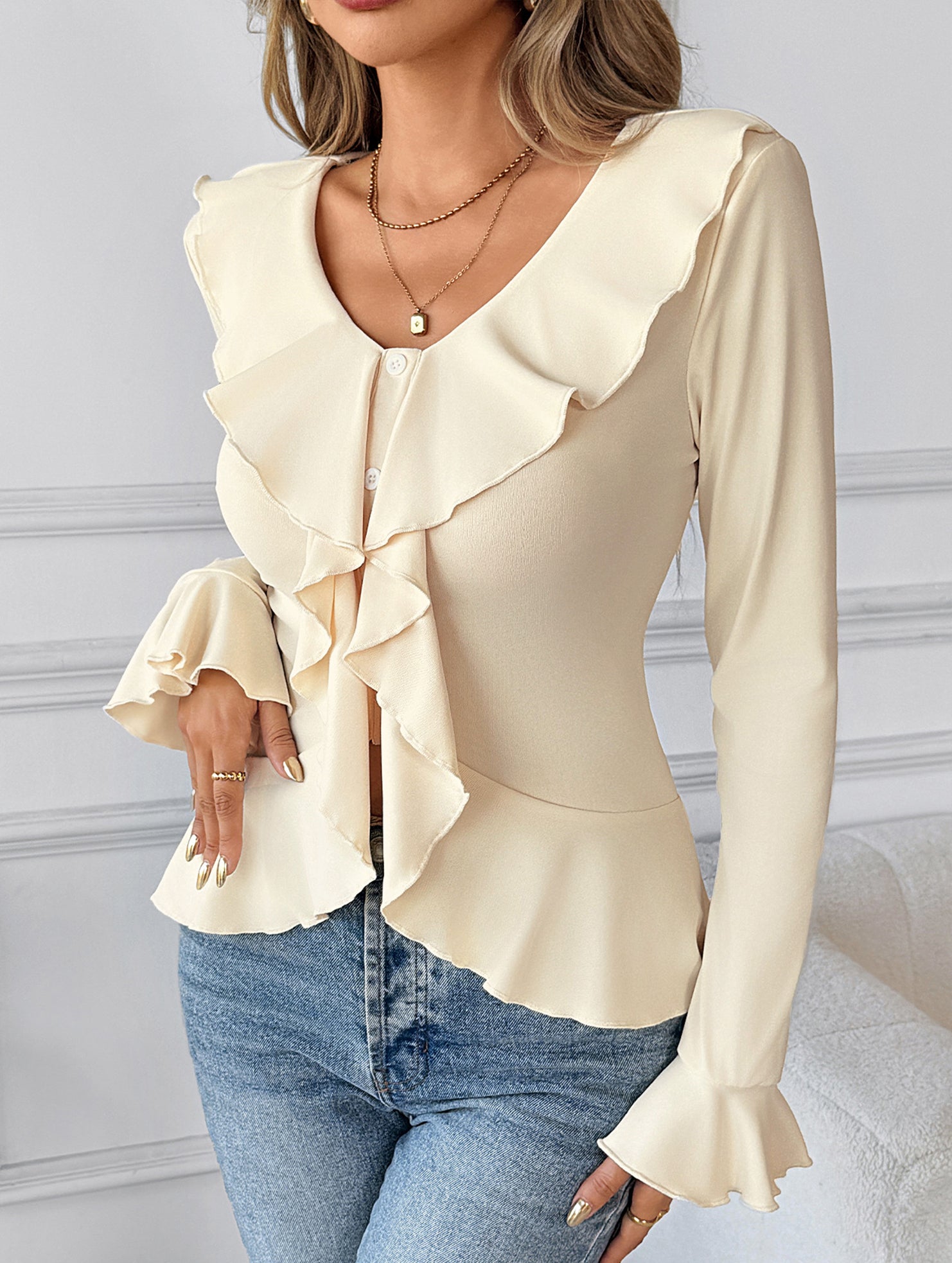 Flare Sleeve Ruffle Waist Solid Top