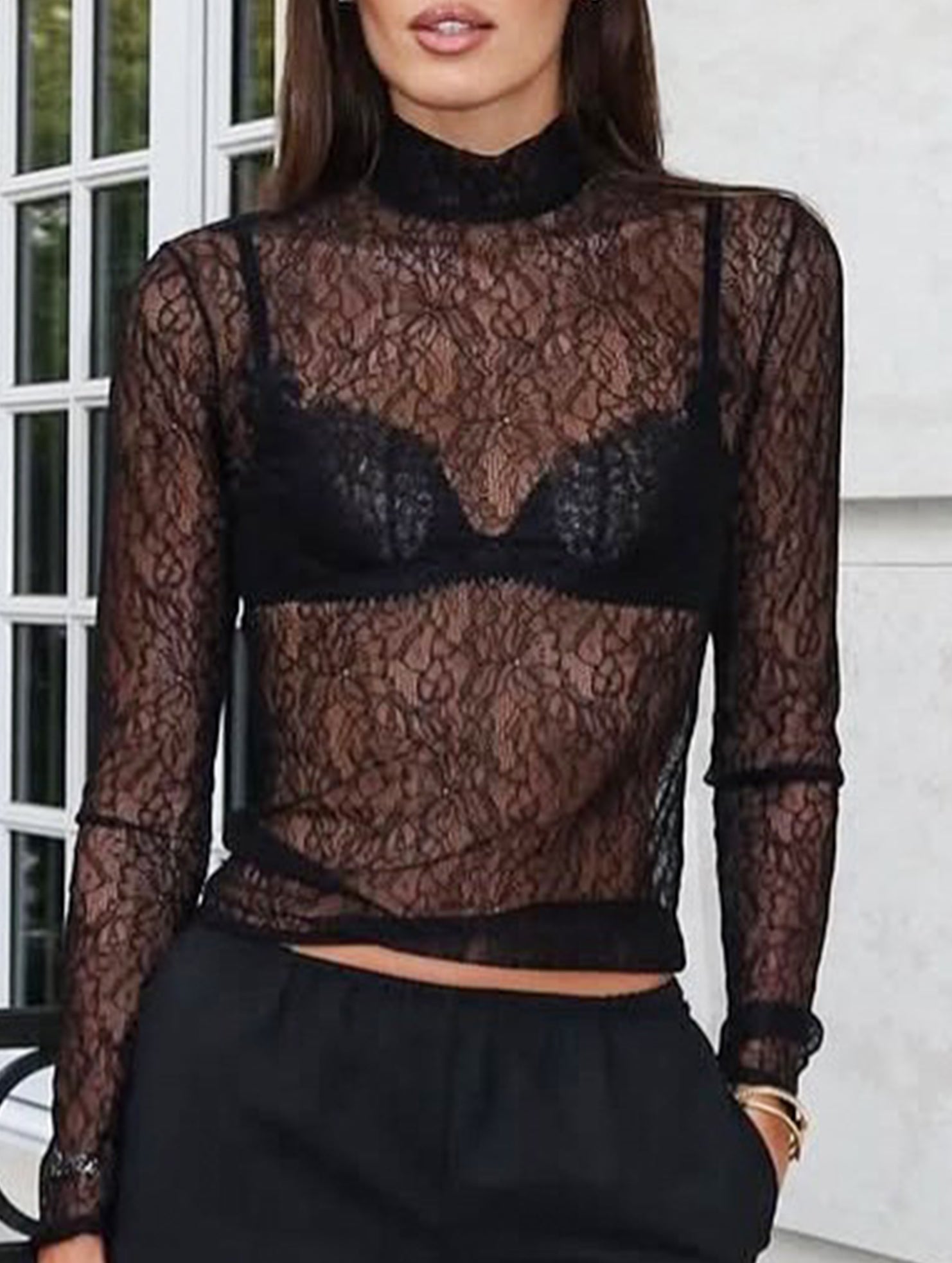 Sheer Lace Black T Shirt Top