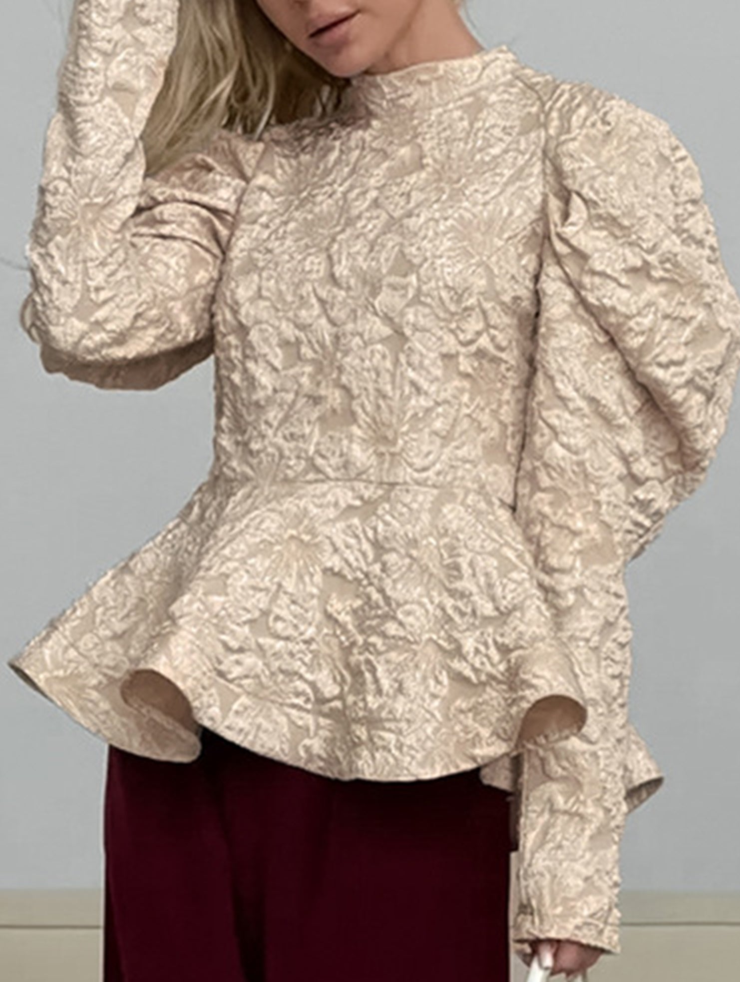 French Vintage Puff Sleeve Jacquard Top