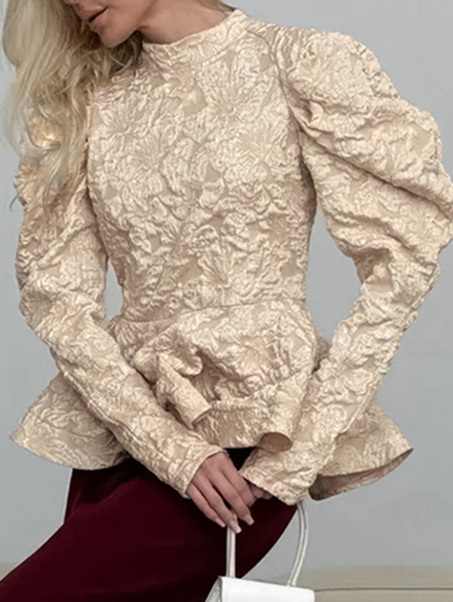 French Vintage Puff Sleeve Jacquard Top