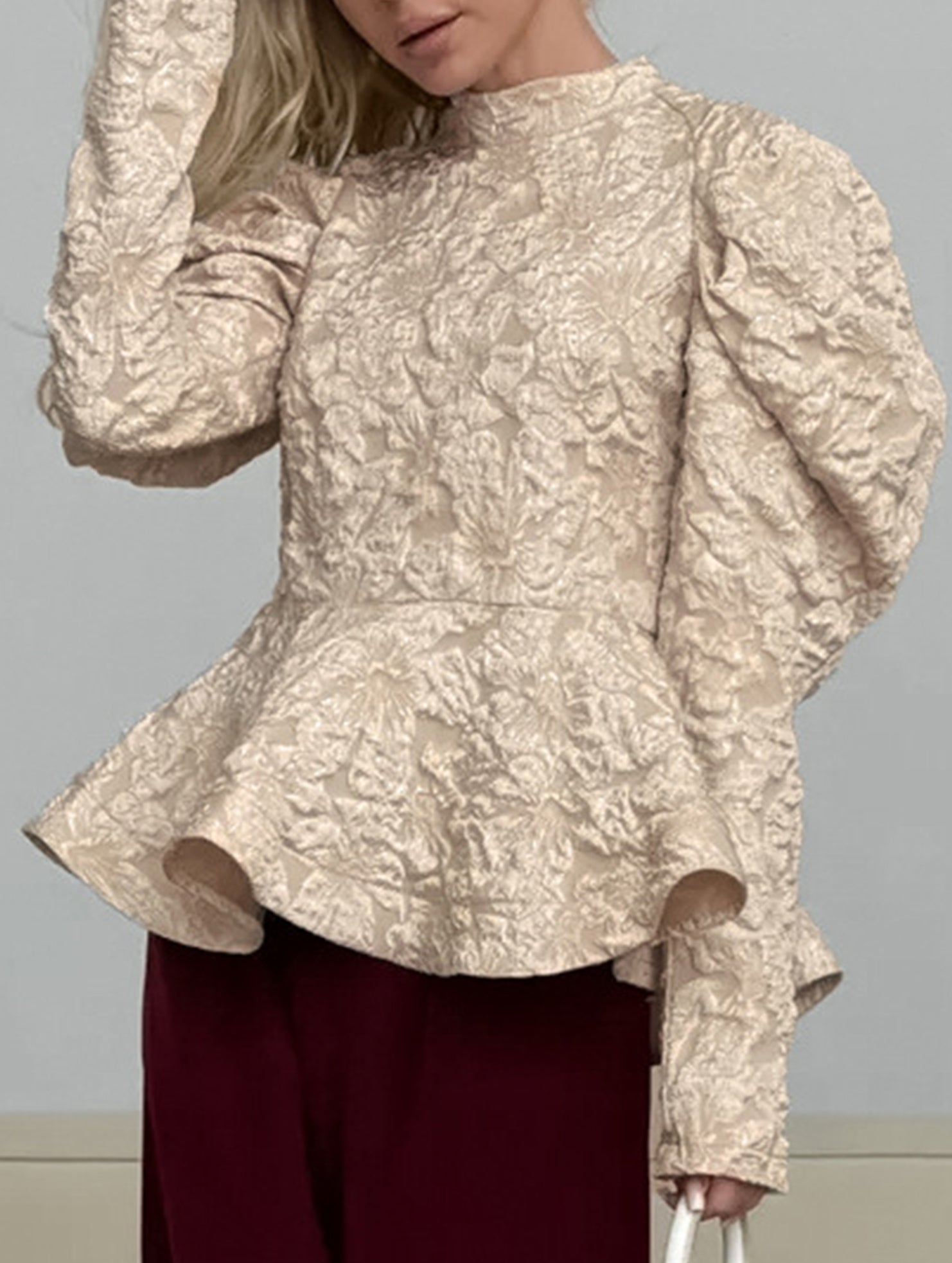 French Vintage Puff Sleeve Jacquard Top