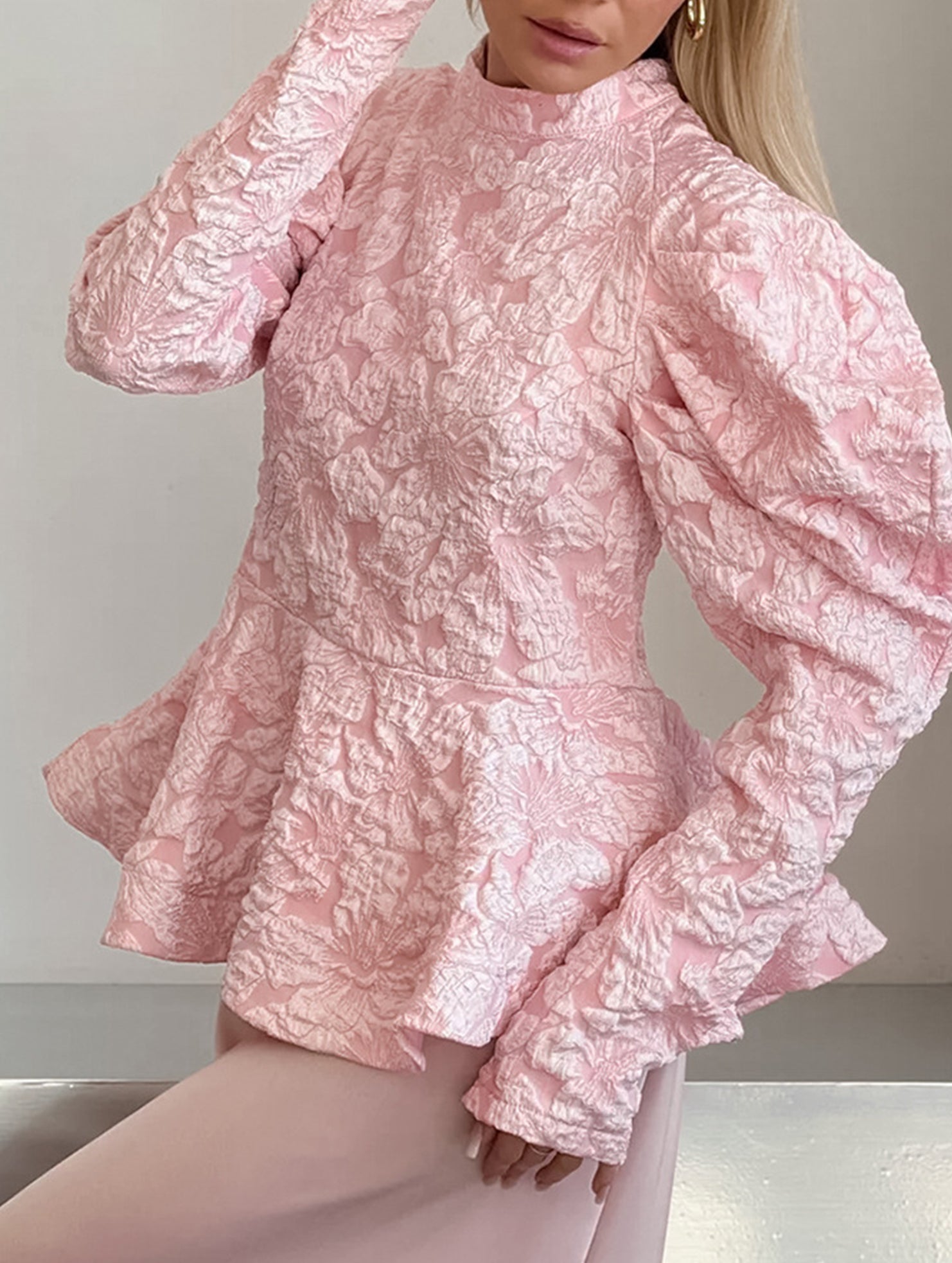 French Vintage Puff Sleeve Jacquard Top