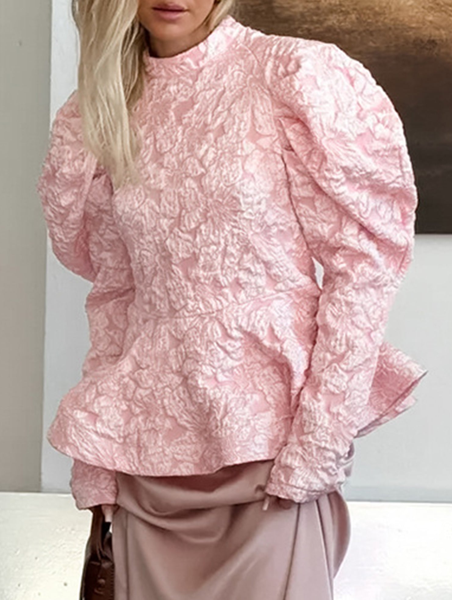 French Vintage Puff Sleeve Jacquard Top