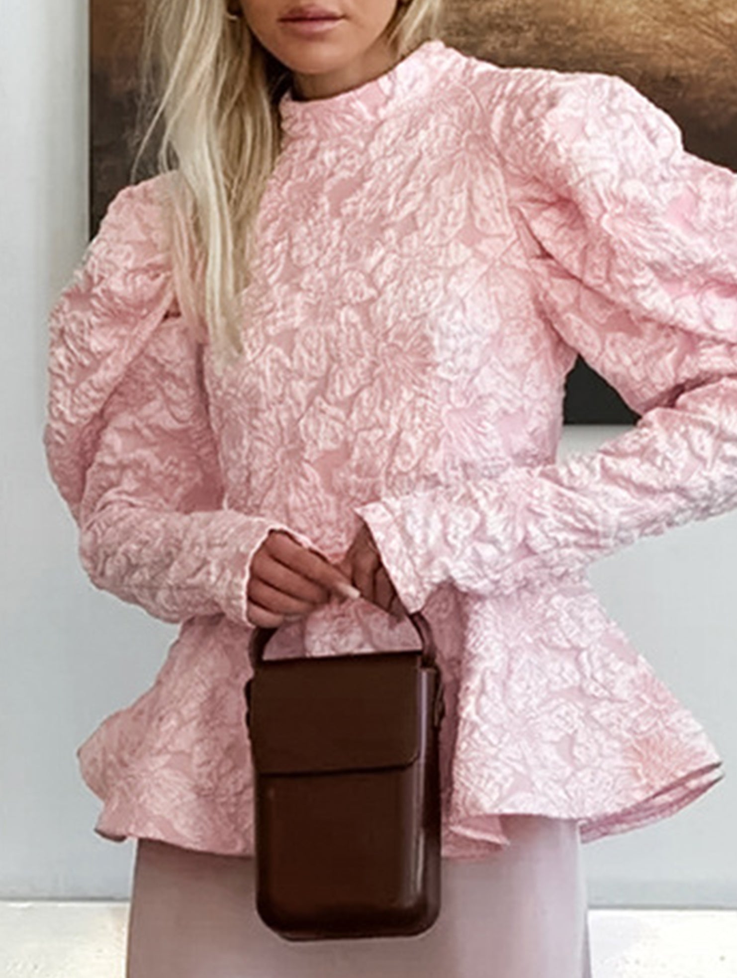 French Vintage Puff Sleeve Jacquard Top